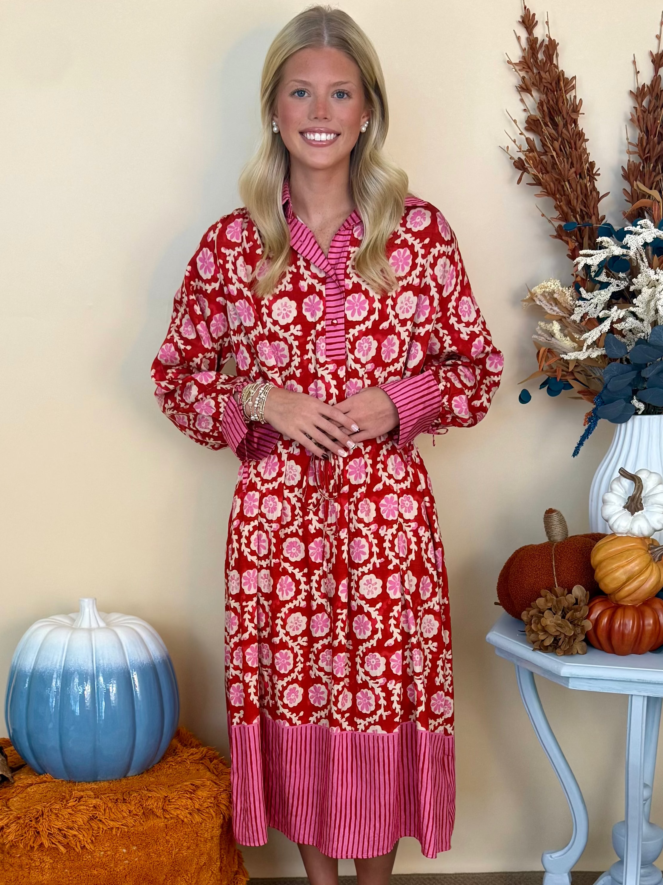 Along the Way Red Mixed Print 3/4 Sleeve Midi Dress-Shop-Womens-Boutique-Clothing