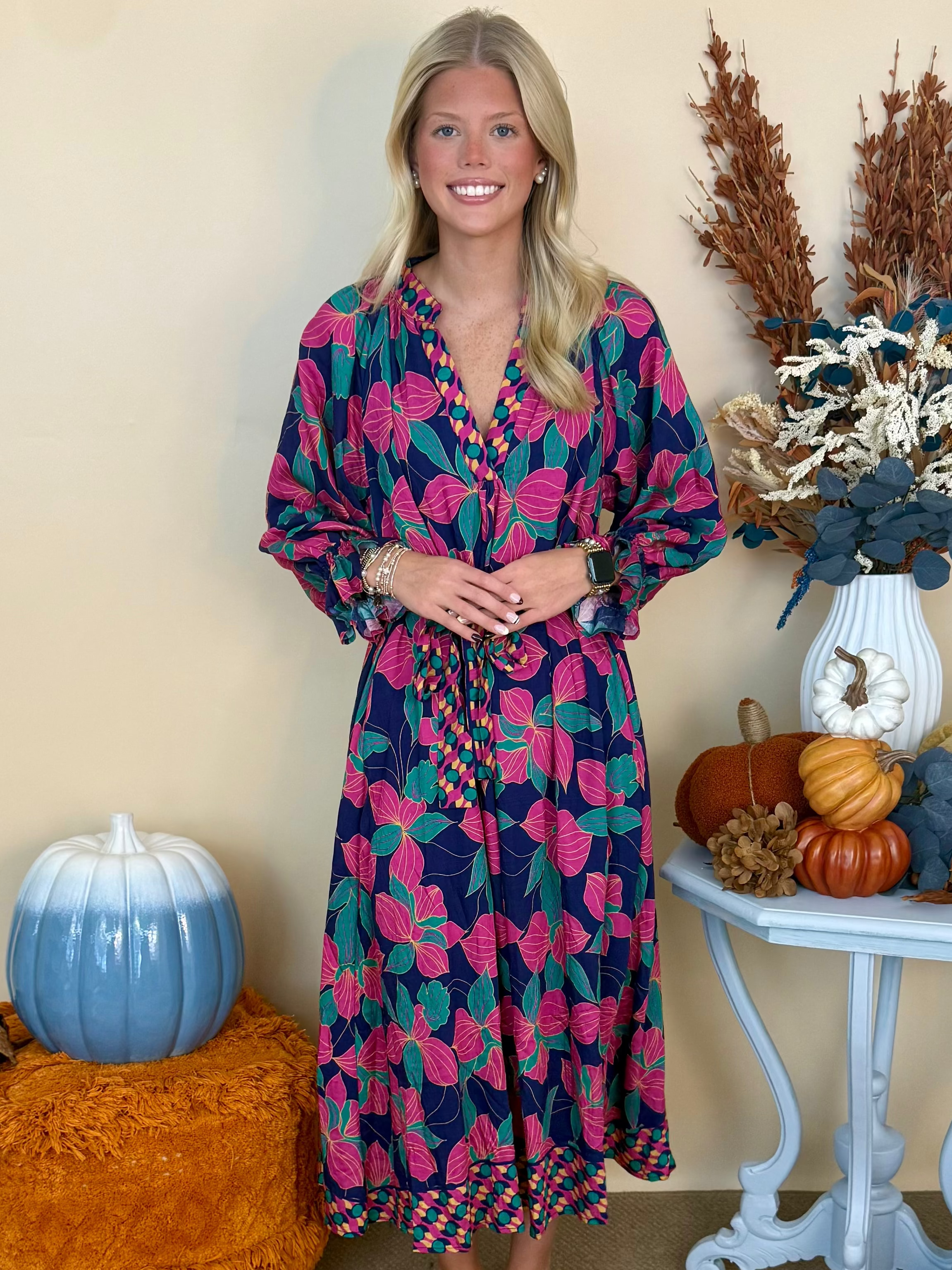 Cherished Days Navy Botanical Print Belted Midi Dress-Shop-Womens-Boutique-Clothing