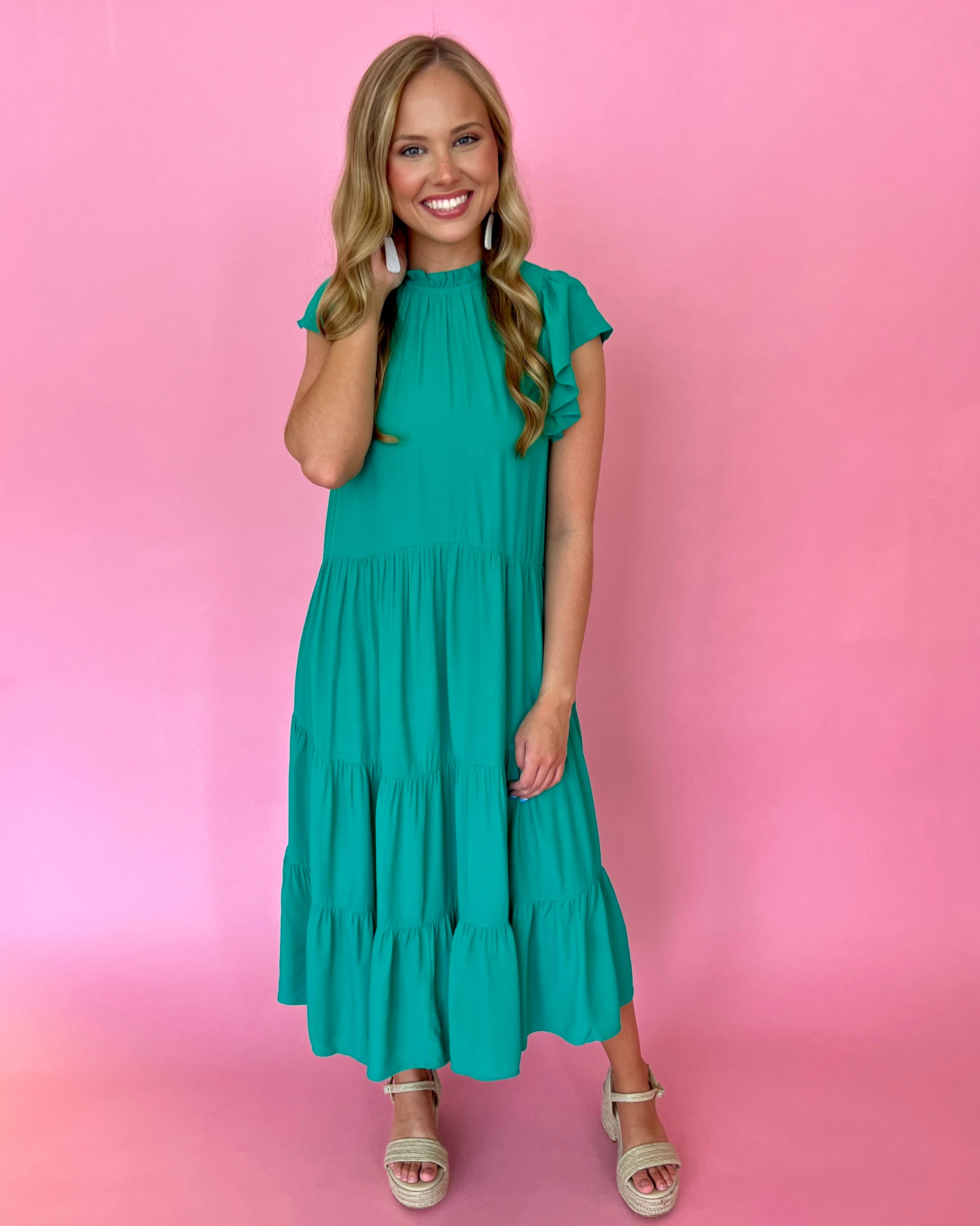 Electric Love Kelly Green High Neck Tiered Midi Dress-Shop-Womens-Boutique-Clothing