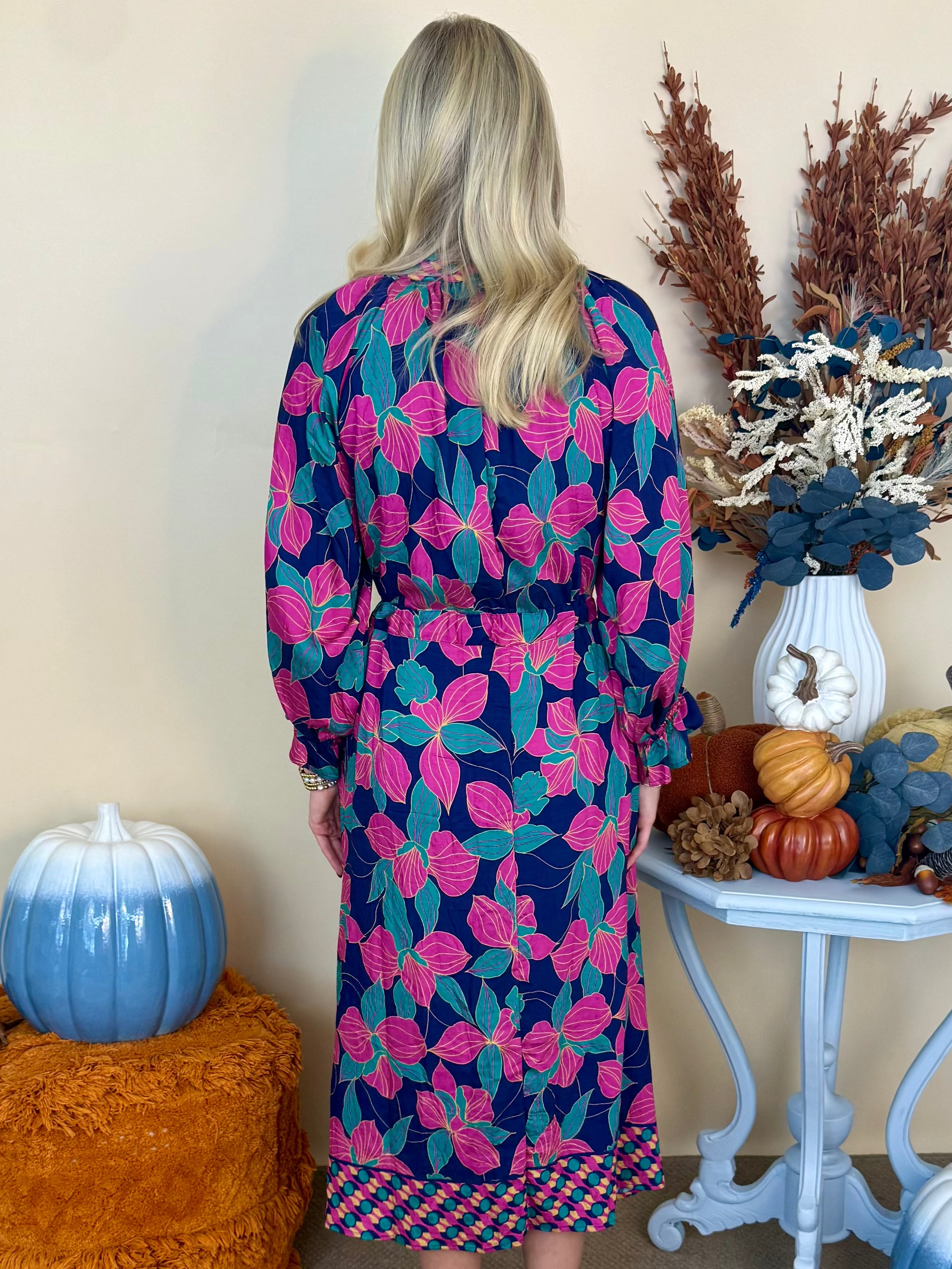 Cherished Days Navy Botanical Print Belted Midi Dress-Shop-Womens-Boutique-Clothing