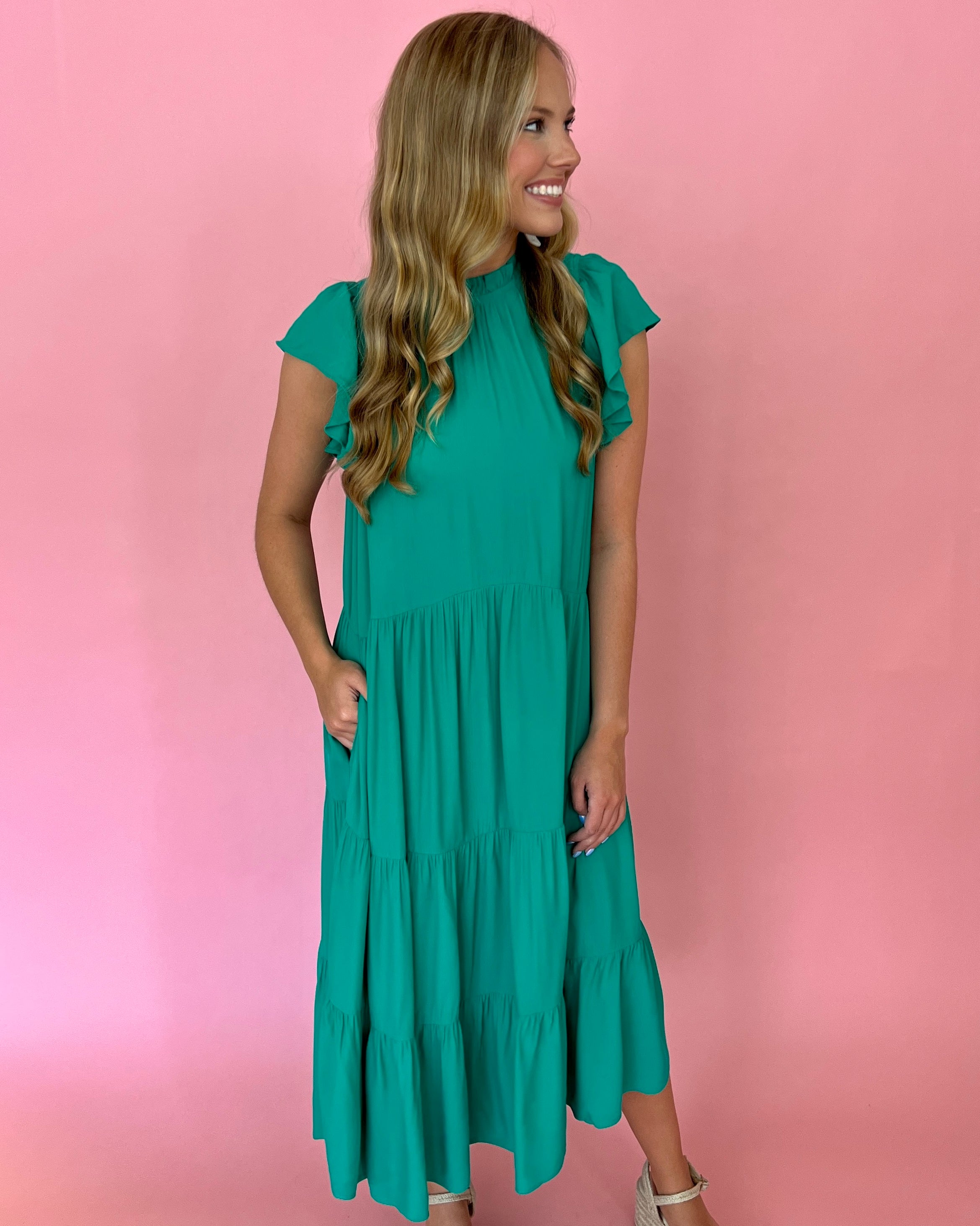 Electric Love Kelly Green High Neck Tiered Midi Dress-Shop-Womens-Boutique-Clothing