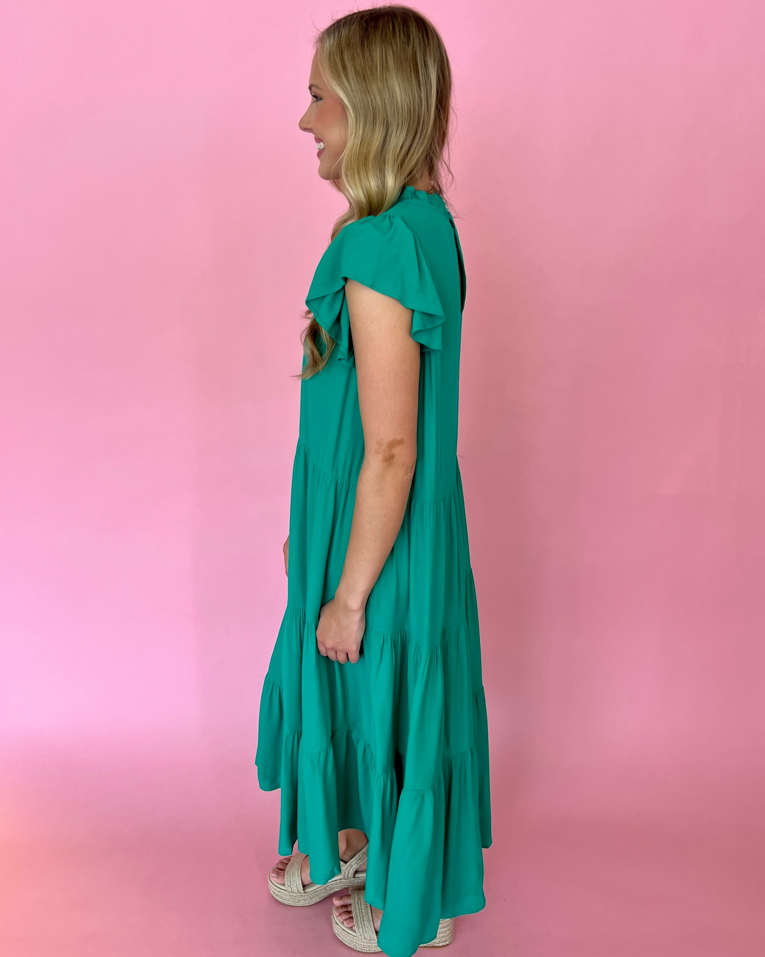 Electric Love Kelly Green High Neck Tiered Midi Dress-Shop-Womens-Boutique-Clothing