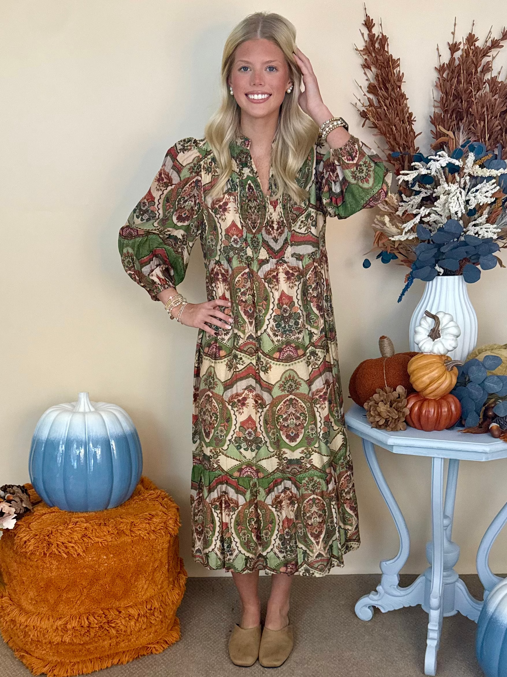 Harvest Lane Green Mix Print Midi Dress-Shop-Womens-Boutique-Clothing