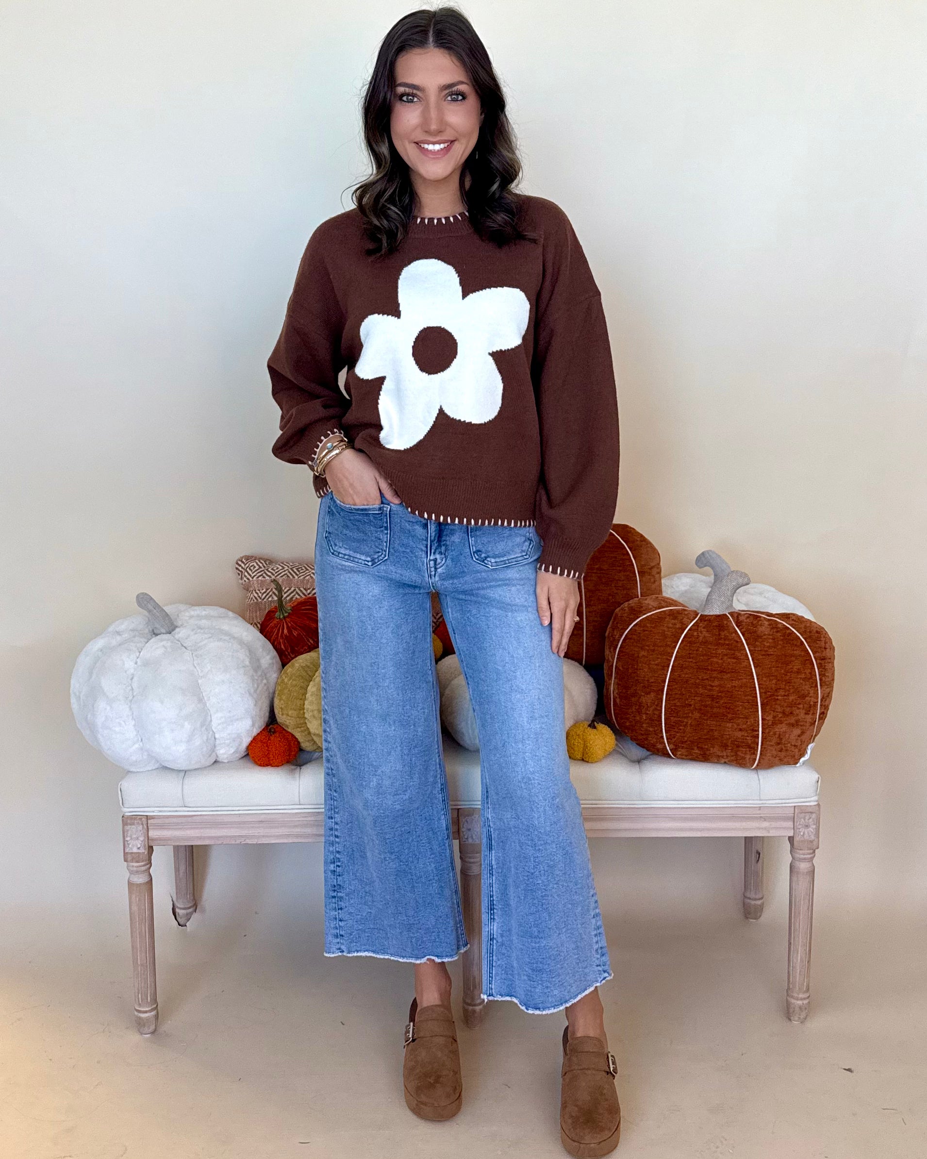 Let's Debrief Brown Flower Stitch Sweater-Shop-Womens-Boutique-Clothing