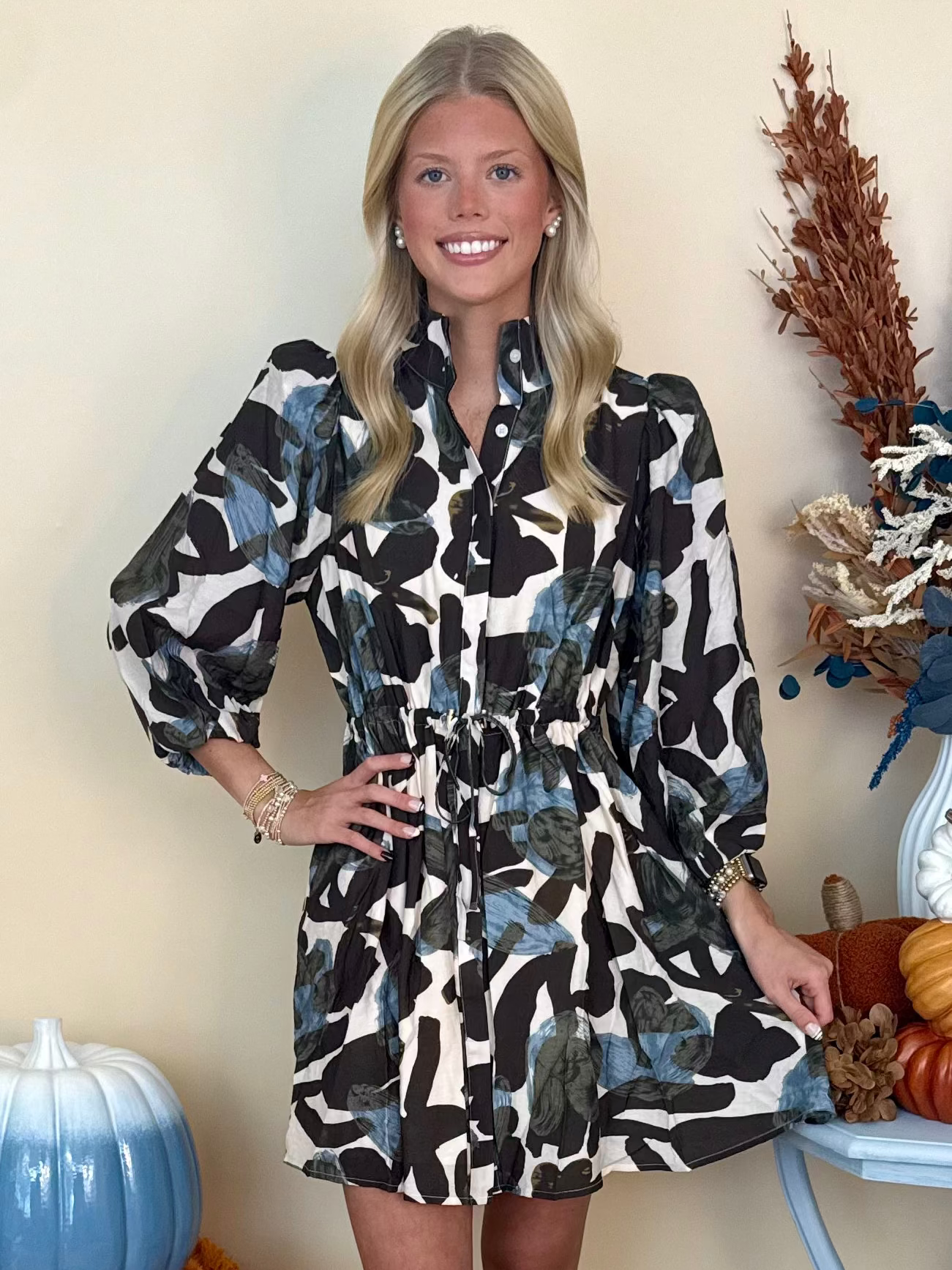 Love in the Air Ecru Printed 3/4 Balloon Sleeve Dress-Shop-Womens-Boutique-Clothing