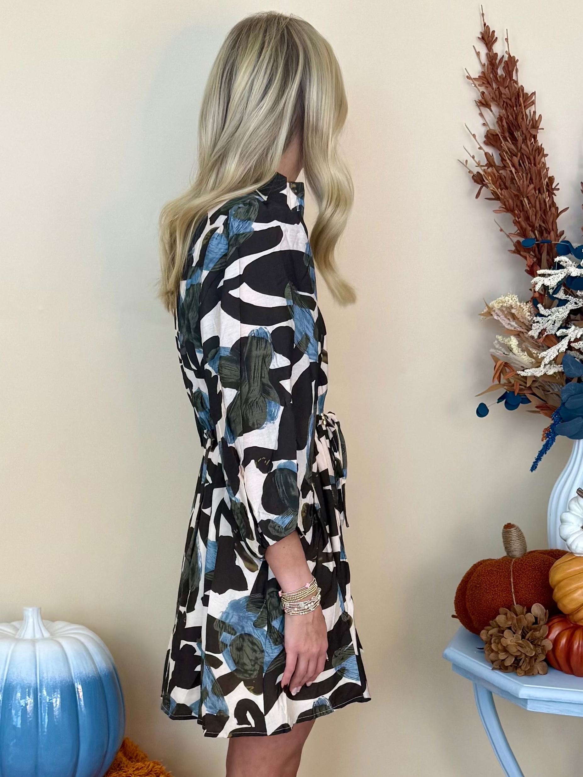 Love in the Air Ecru Printed 3/4 Balloon Sleeve Dress-Shop-Womens-Boutique-Clothing