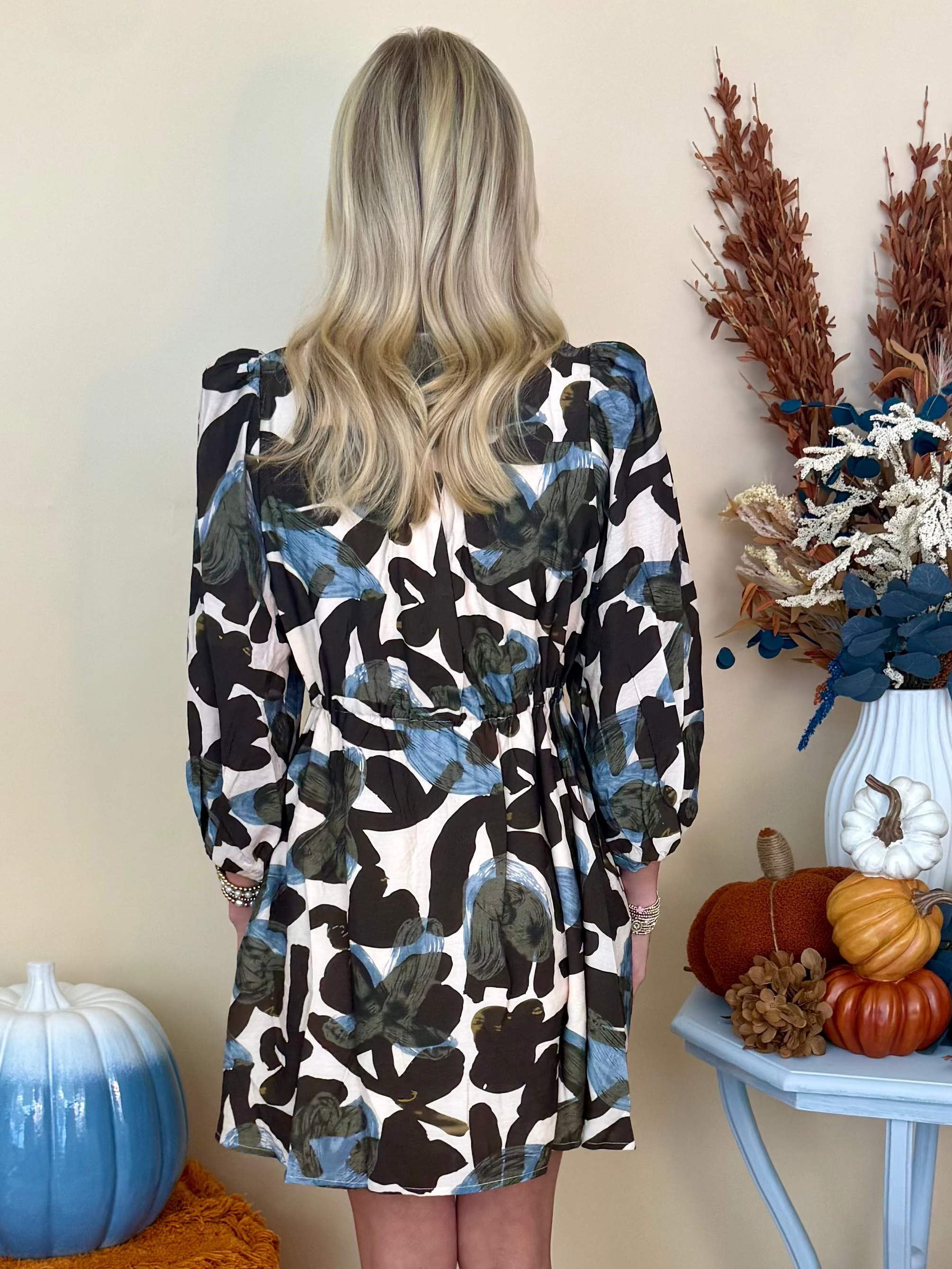 Love in the Air Ecru Printed 3/4 Balloon Sleeve Dress-Shop-Womens-Boutique-Clothing