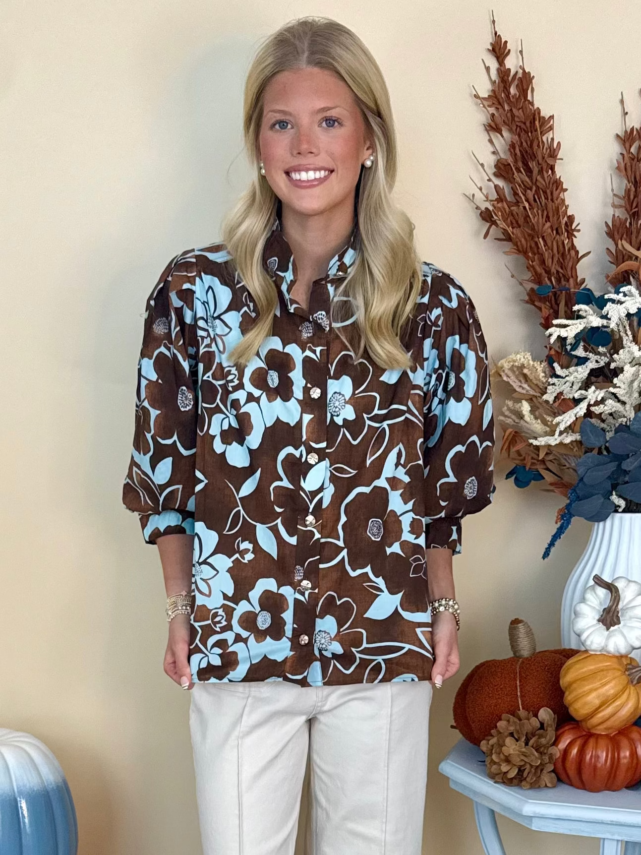 Sunday Reset Brown/Blue Floral Button Down Top-Shop-Womens-Boutique-Clothing