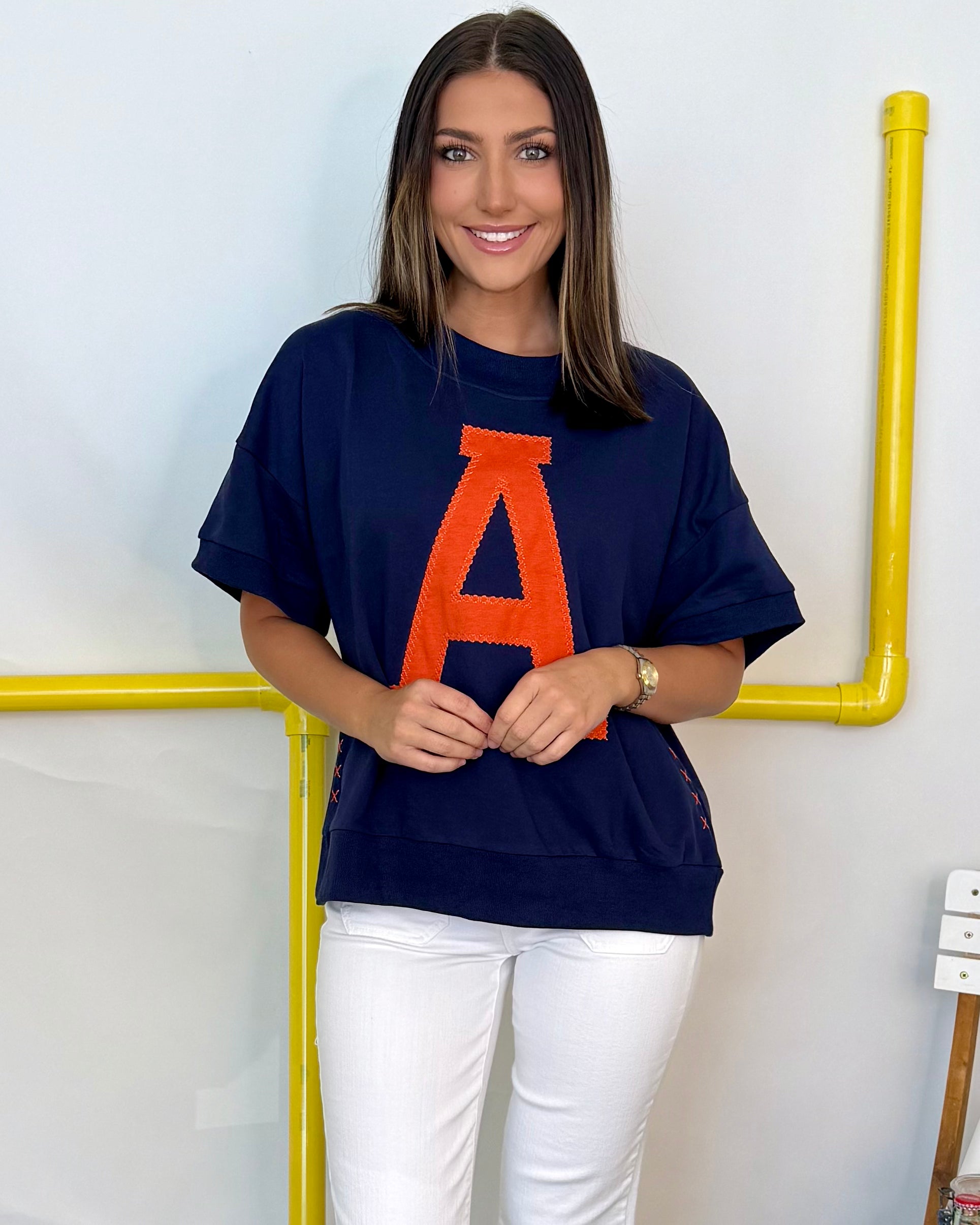 Taking Turns Navy Embroidery A Sweatshirt-Shop-Womens-Boutique-Clothing
