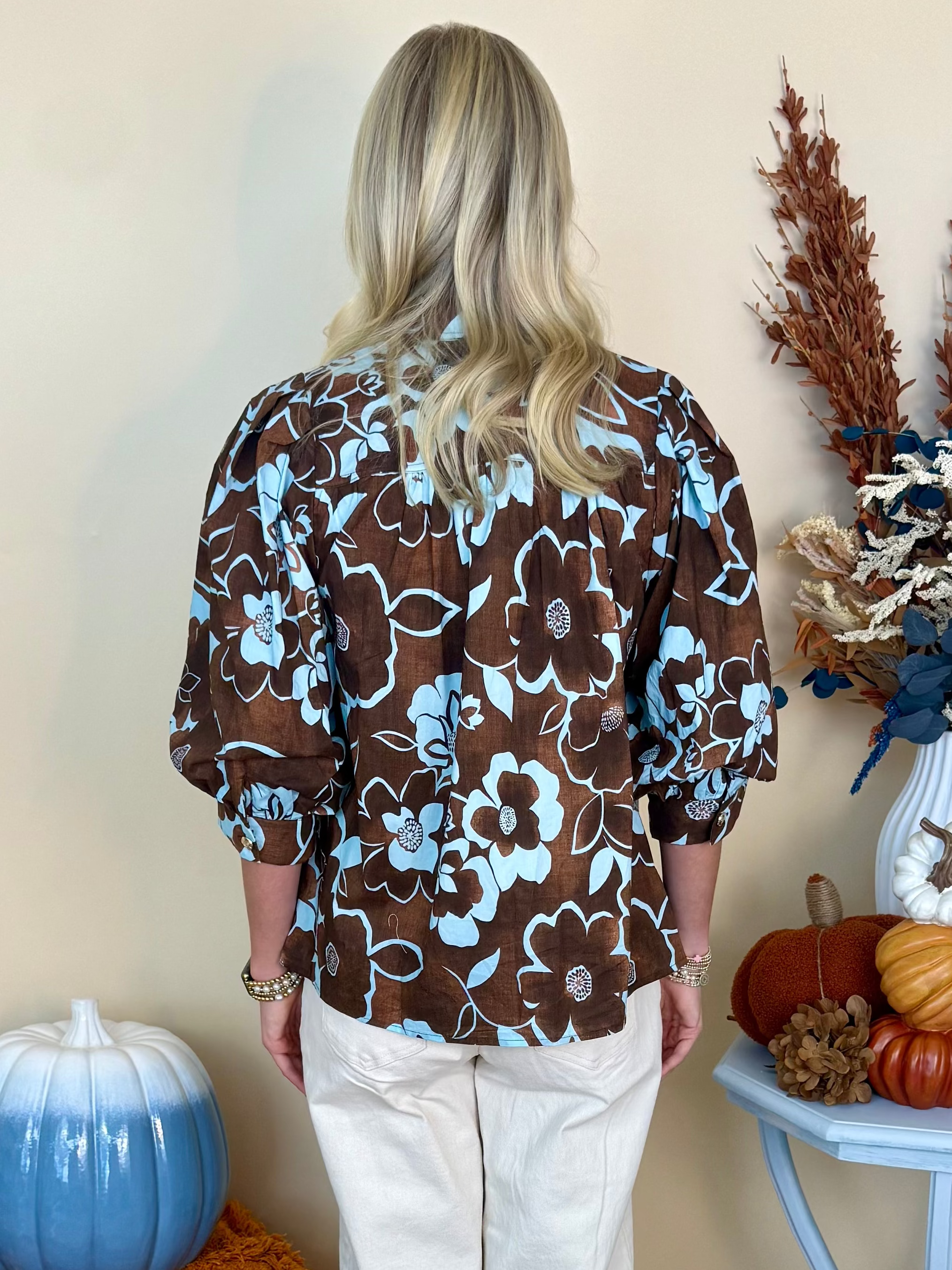Sunday Reset Brown/Blue Floral Button Down Top-Shop-Womens-Boutique-Clothing