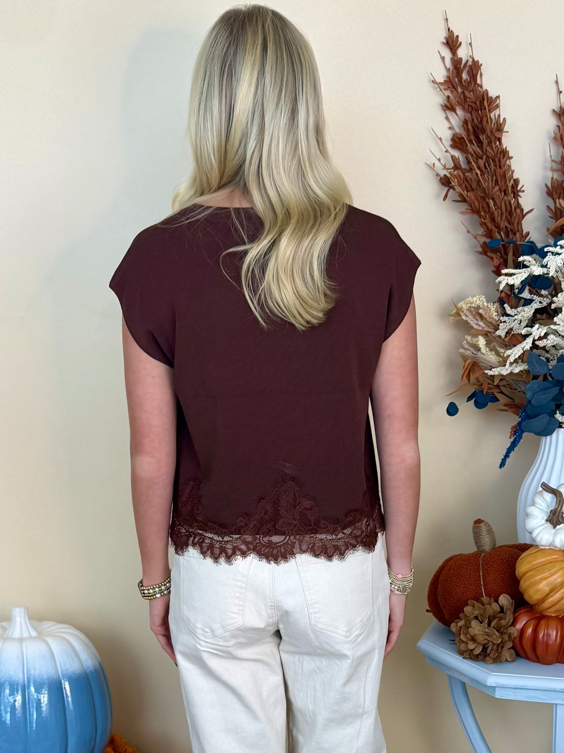 Boho Bliss Brown Lace Trim Sleeveless Sweater-Shop-Womens-Boutique-Clothing