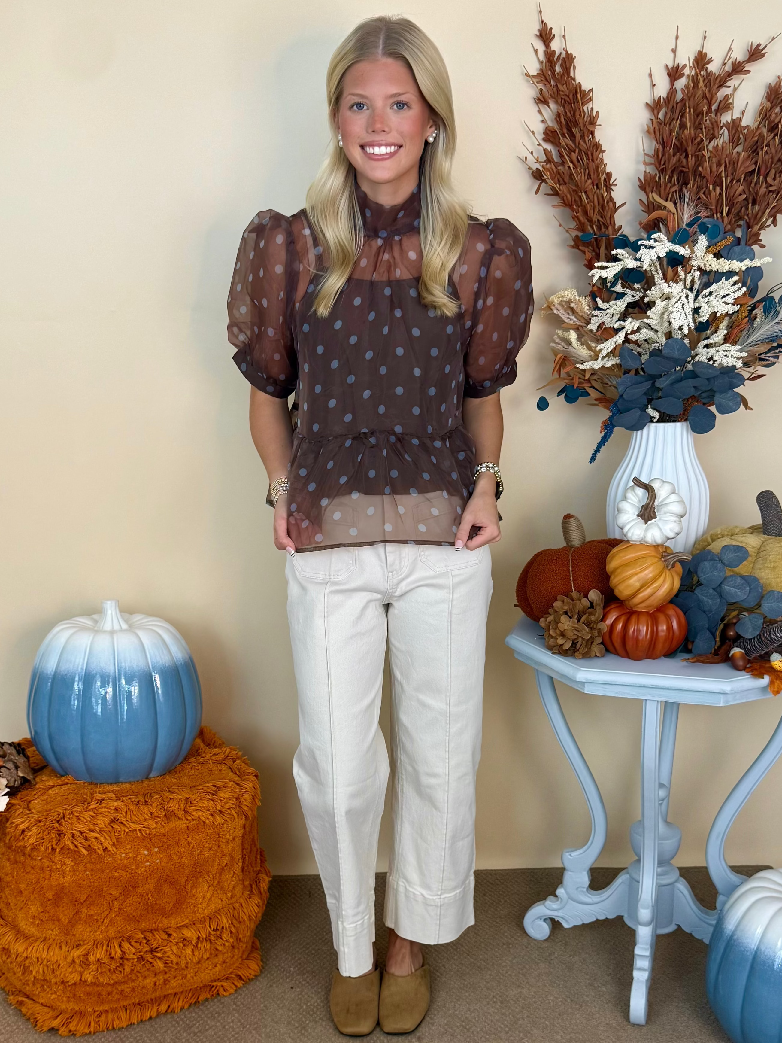 Worth Knowing Brown Polka Dot Overlay Tie Neck Top-Shop-Womens-Boutique-Clothing