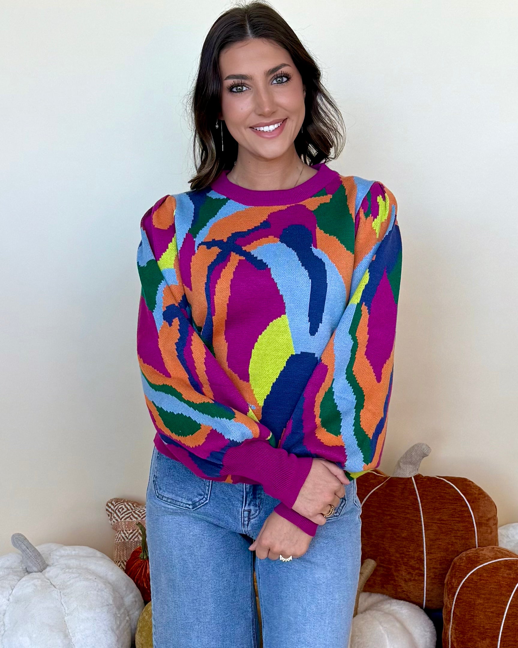 Please Don't Go Magenta Abstract Print Sweater-Shop-Womens-Boutique-Clothing