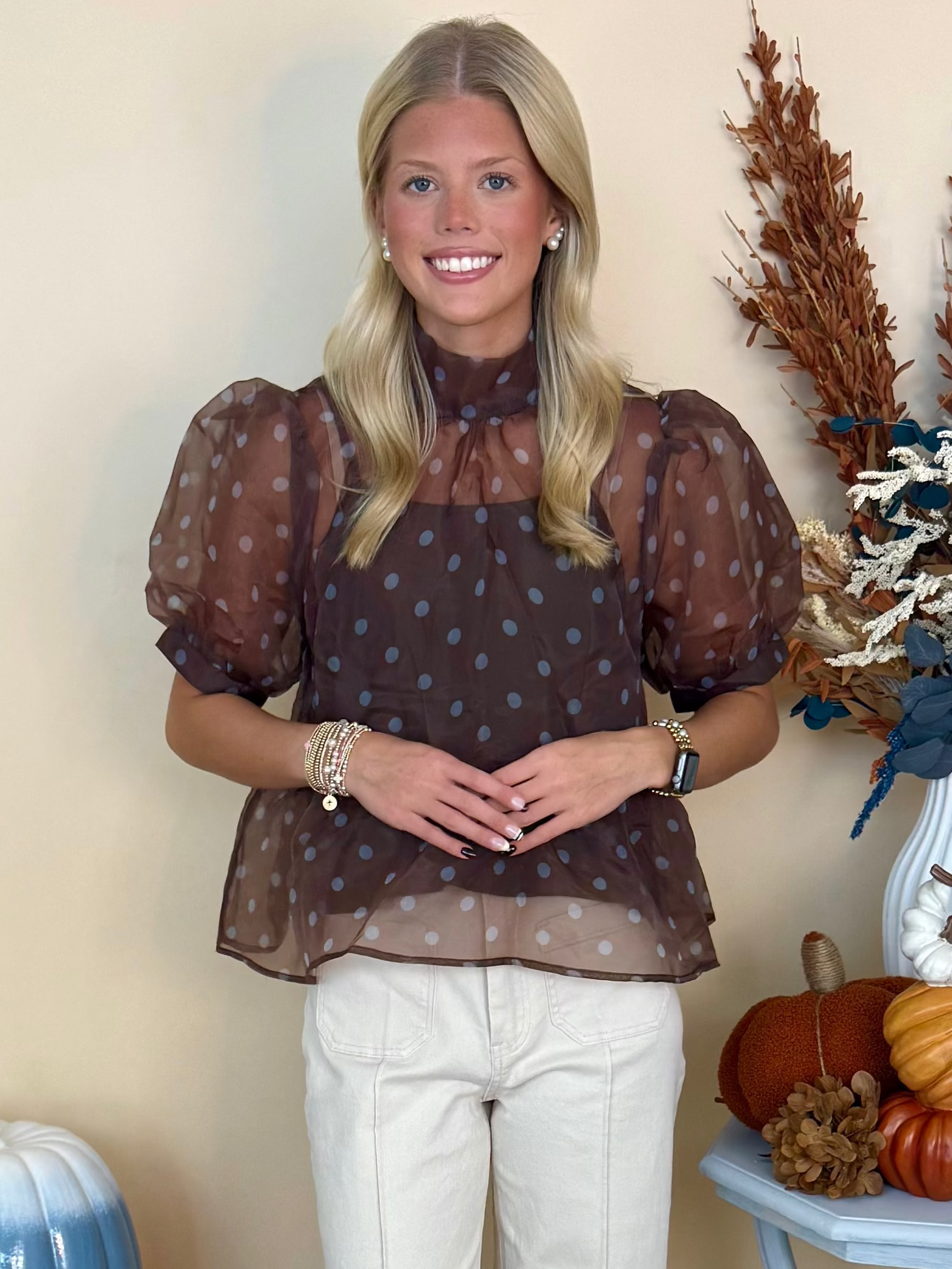 Worth Knowing Brown Polka Dot Overlay Tie Neck Top-Shop-Womens-Boutique-Clothing