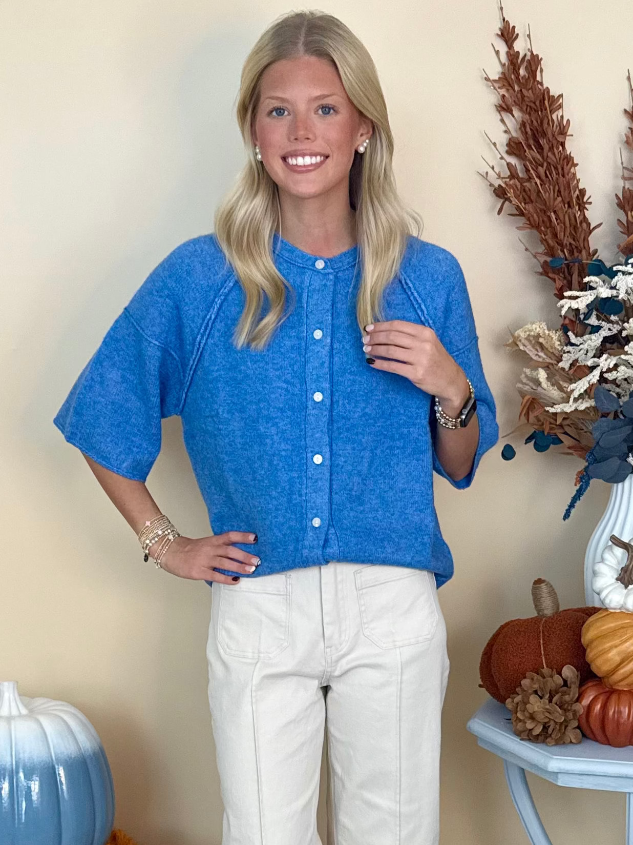 Gathered Greatness Blue Button Down Sweater-Shop-Womens-Boutique-Clothing