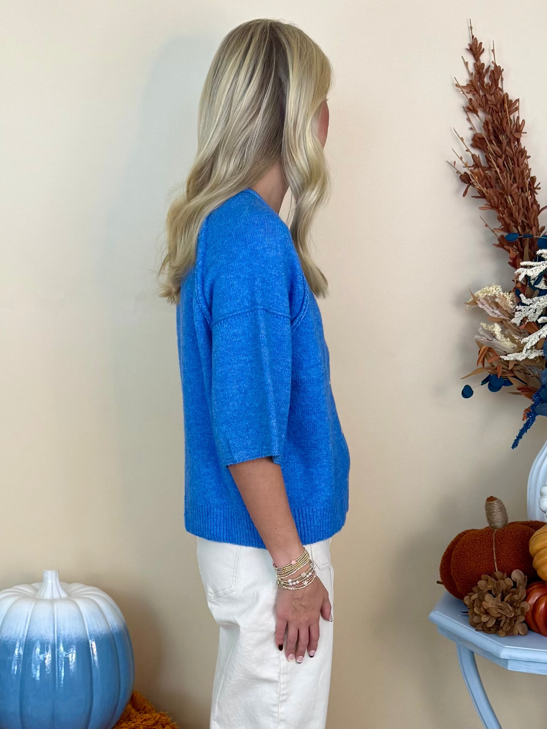 Gathered Greatness Blue Button Down Sweater-Shop-Womens-Boutique-Clothing