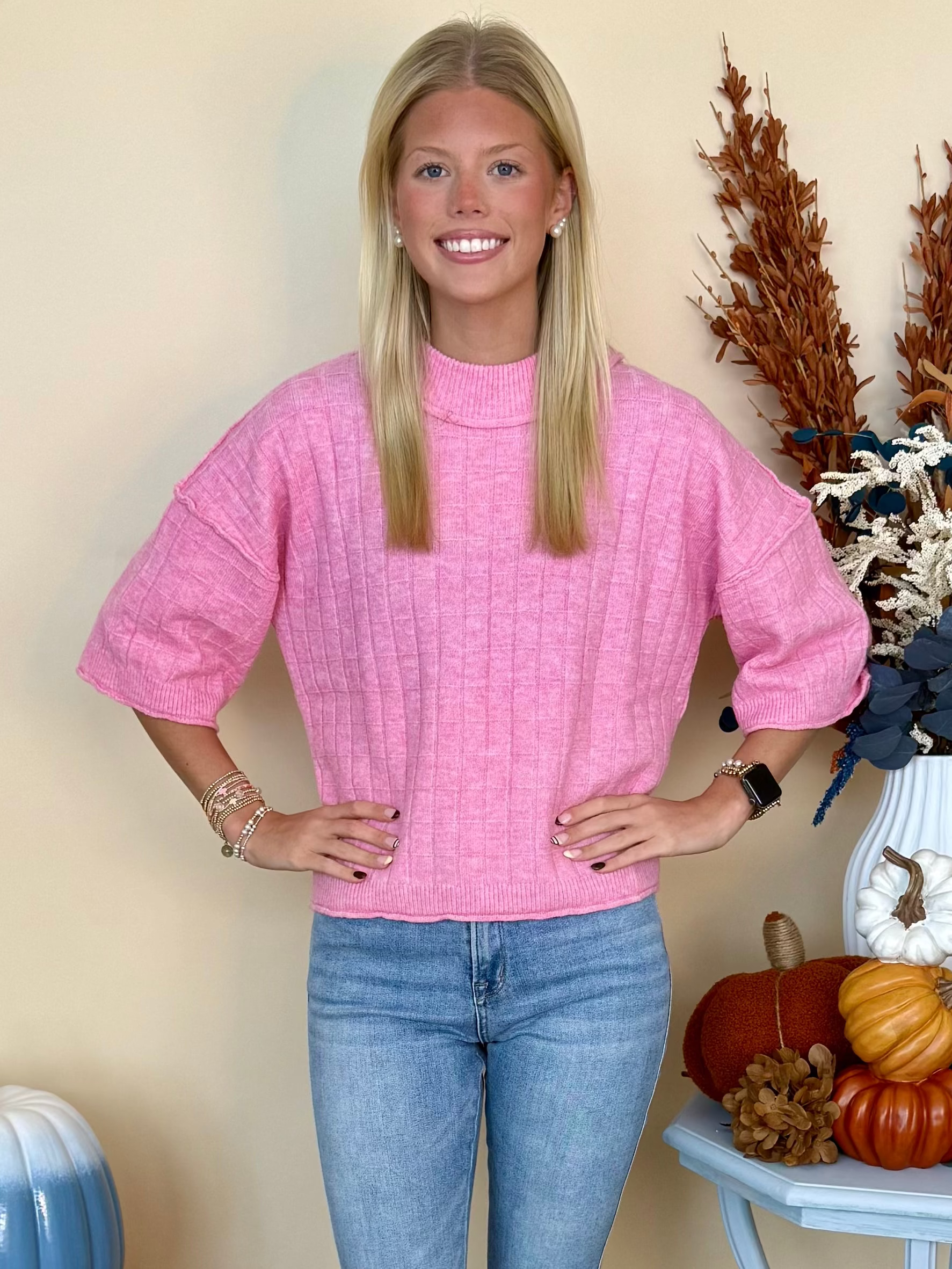Good Thinking Pink Cropped Neck Ribbed Knit Sweater-Shop-Womens-Boutique-Clothing