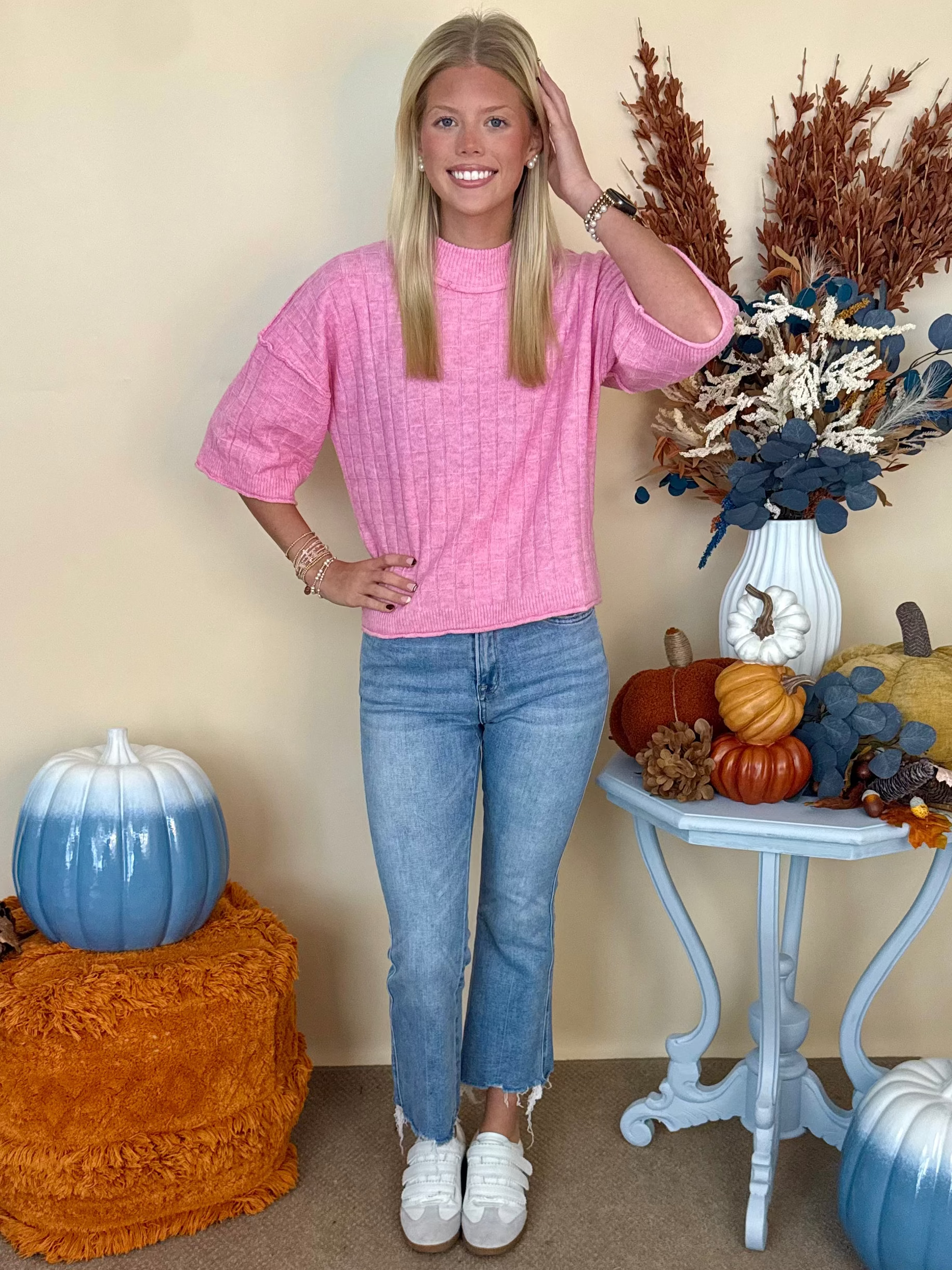 Good Thinking Pink Cropped Neck Ribbed Knit Sweater-Shop-Womens-Boutique-Clothing