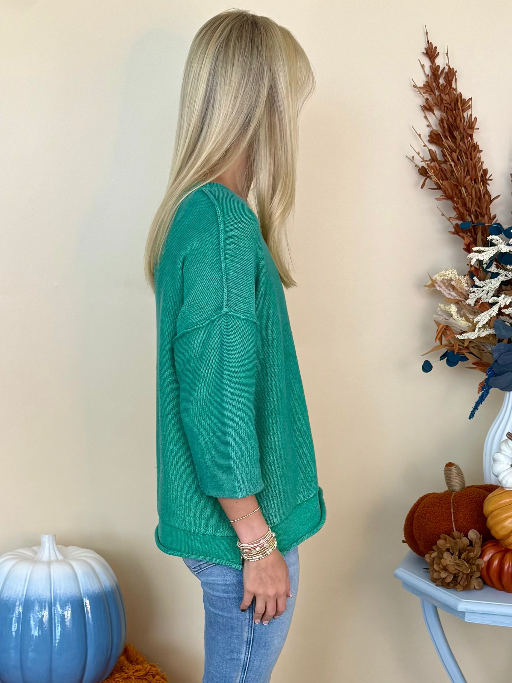 Soft Romance K Green Washed 3/4 Sleeve Sweater-Shop-Womens-Boutique-Clothing
