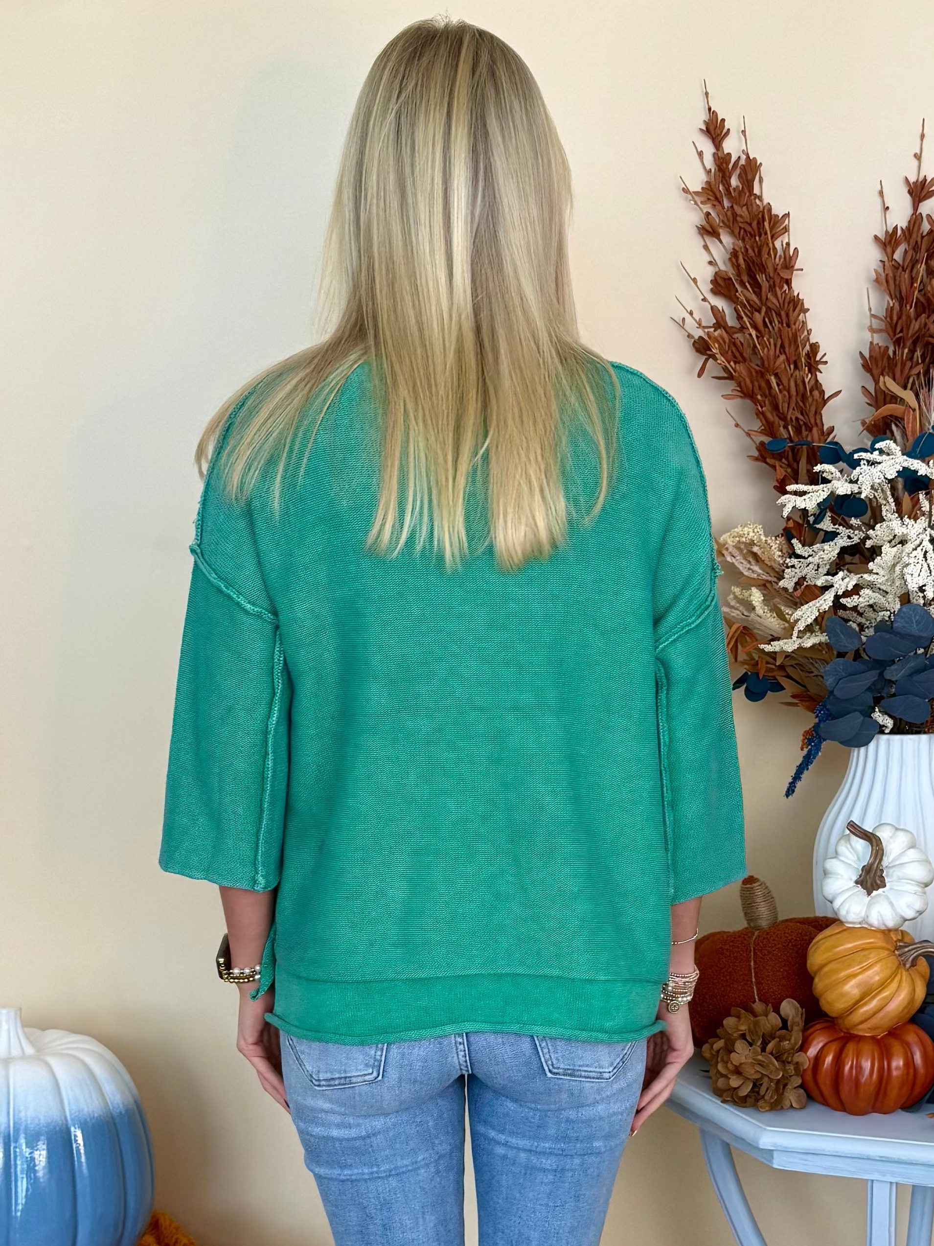 Soft Romance K Green Washed 3/4 Sleeve Sweater-Shop-Womens-Boutique-Clothing
