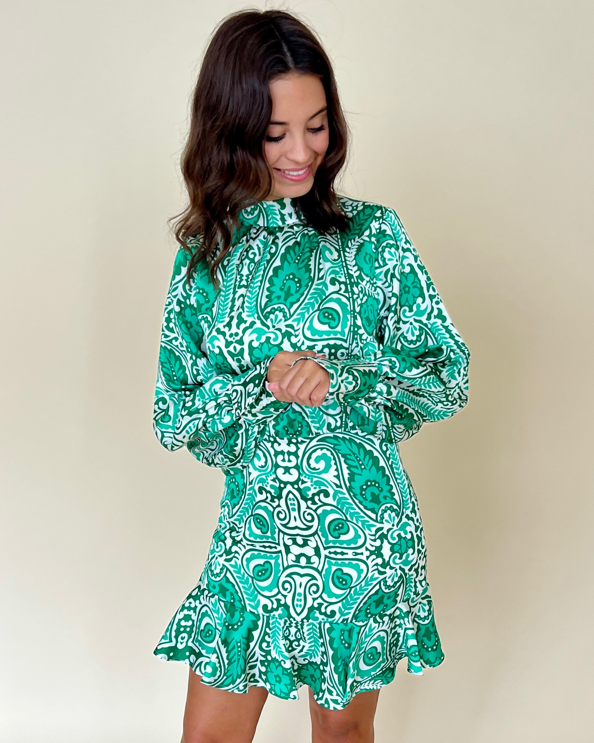 Good Times Green Paisley Ruffle Dress-Shop-Womens-Boutique-Clothing