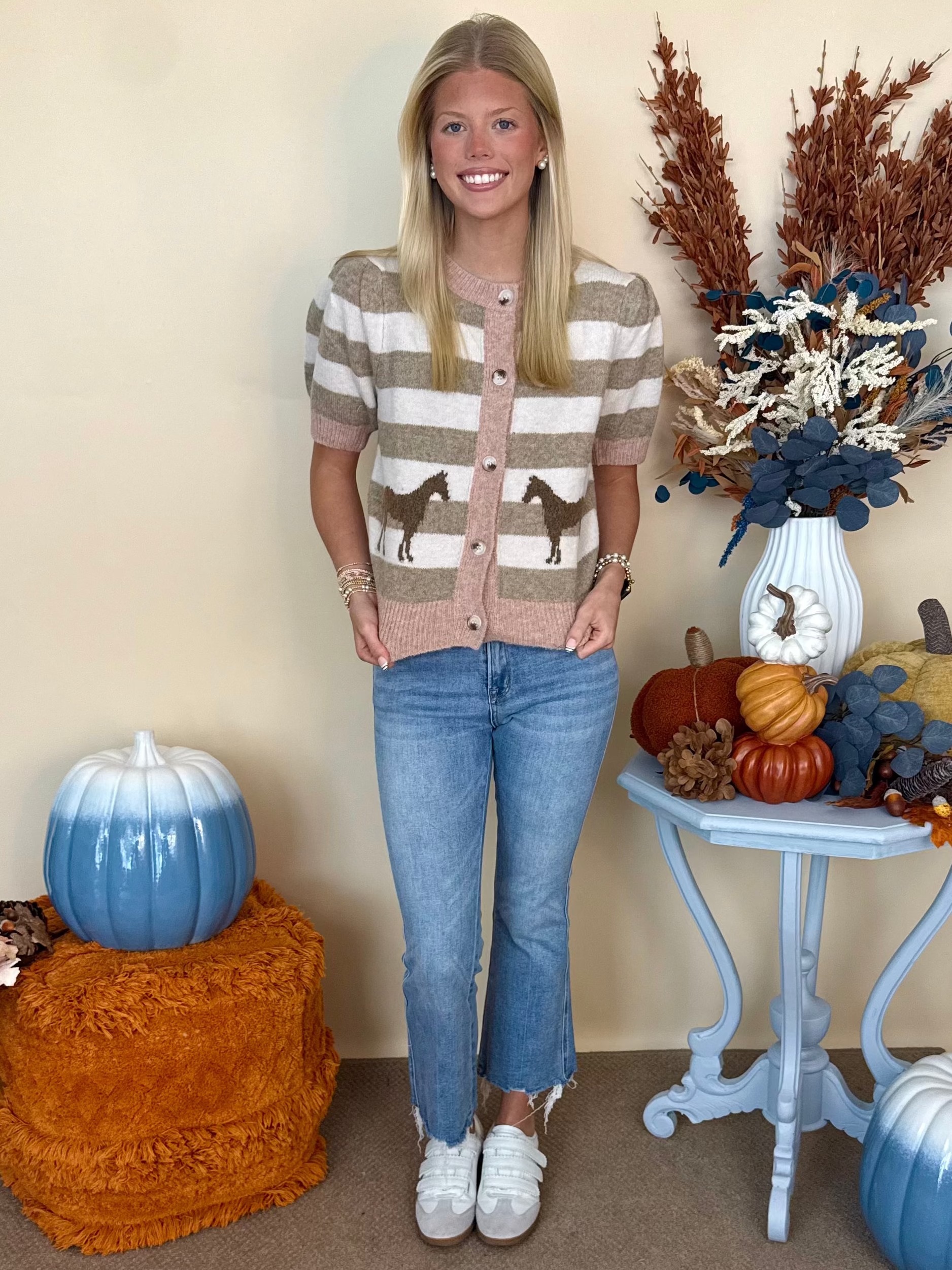 Simply Charming Blush Striped Puff Sleeve Horse Sweater-Shop-Womens-Boutique-Clothing