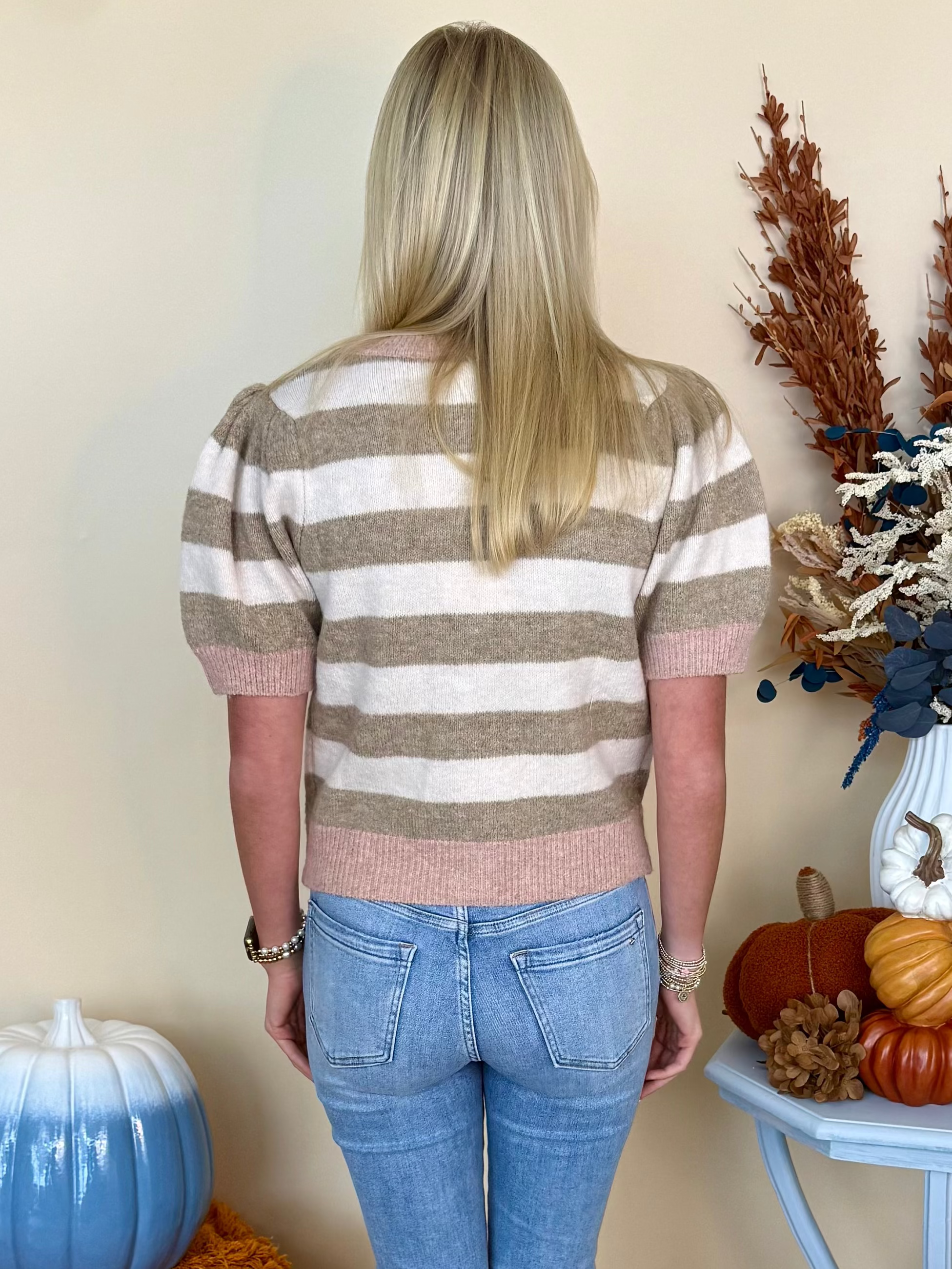 Simply Charming Blush Striped Puff Sleeve Horse Sweater-Shop-Womens-Boutique-Clothing