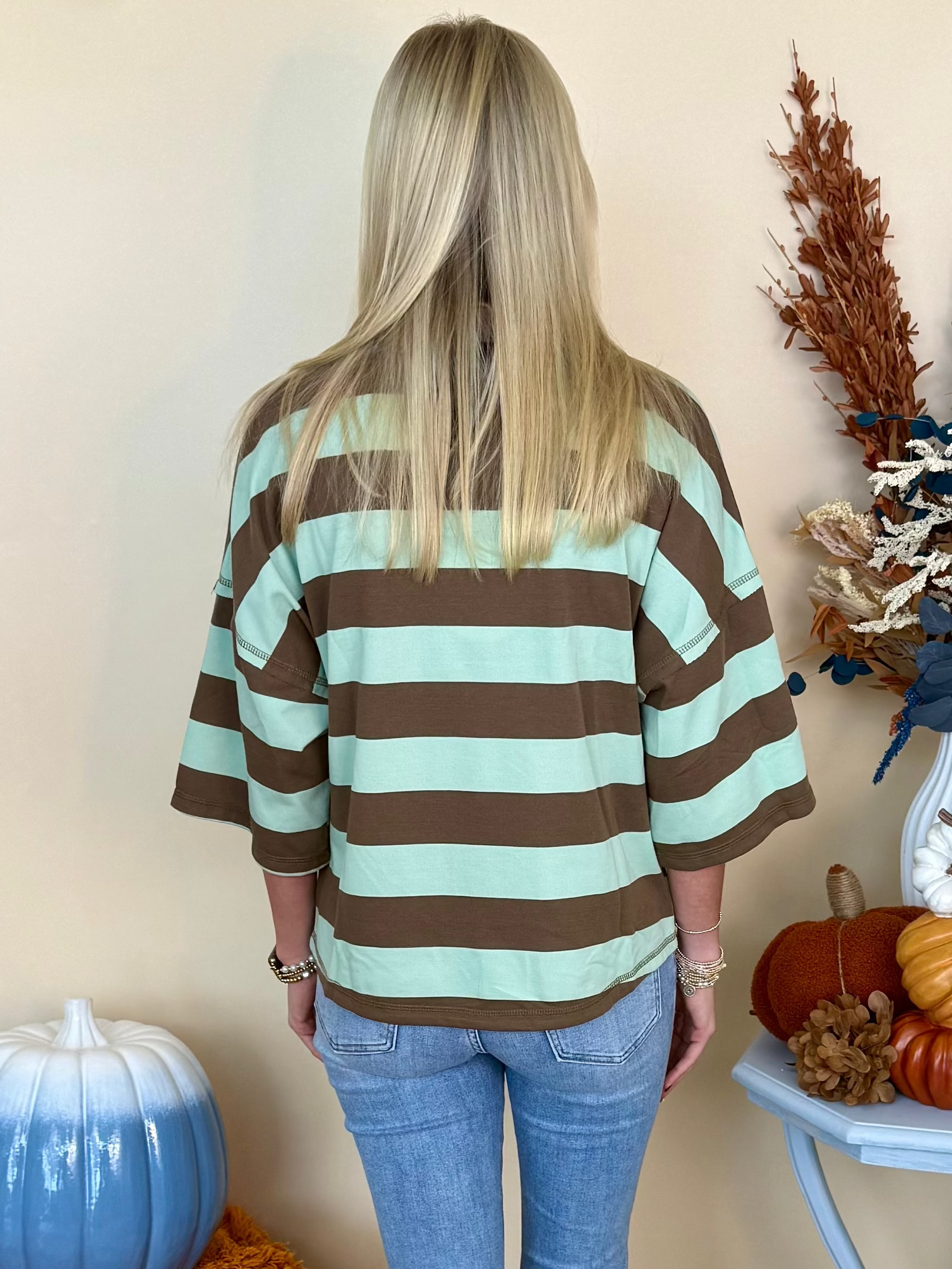 New Perspective Brown/Sage Stripe Drop Shoulder Corduroy Top-Shop-Womens-Boutique-Clothing