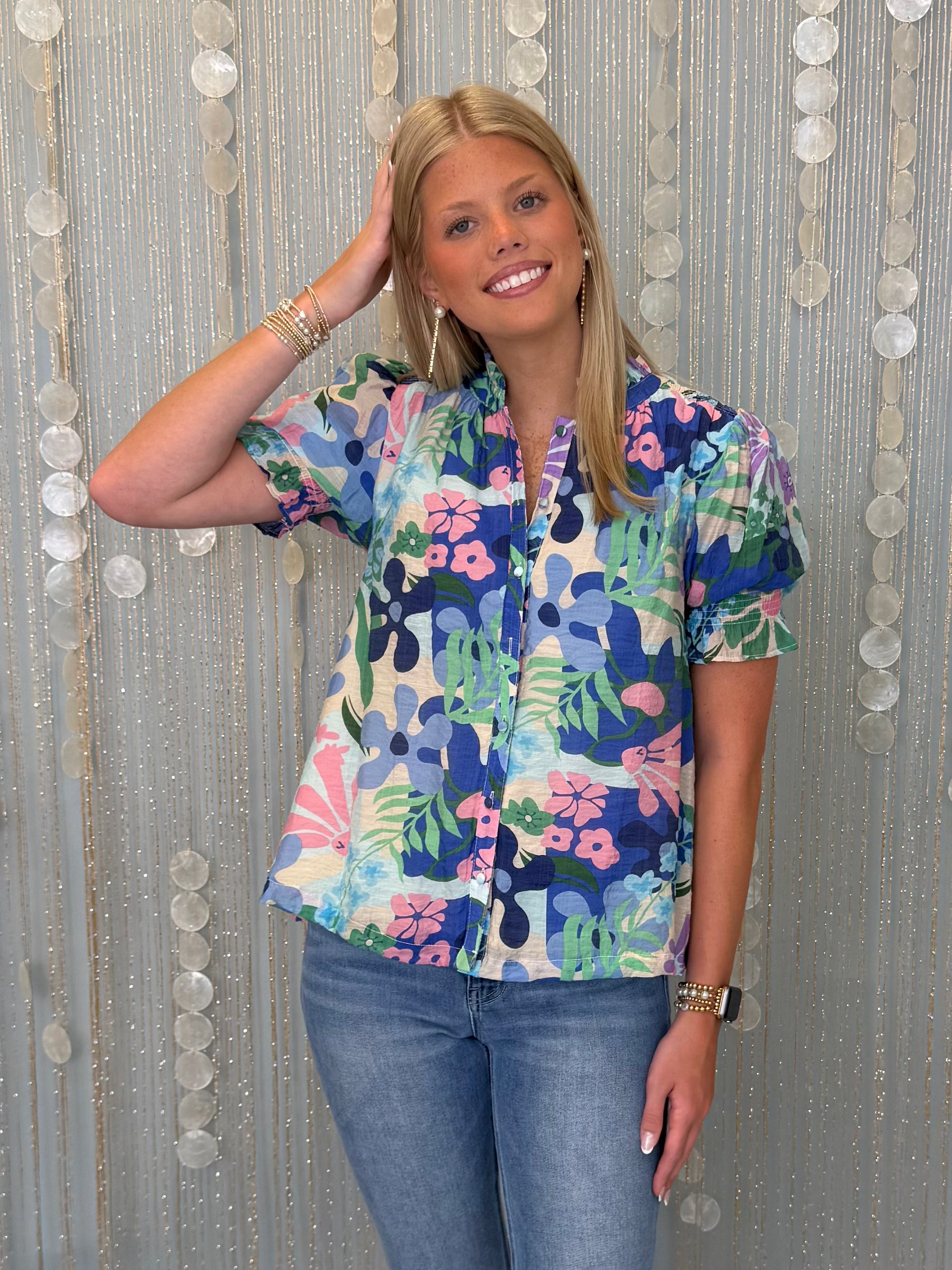 Two Steps Ahead Blue Mix Floral Button Blouse-Shop-Womens-Boutique-Clothing