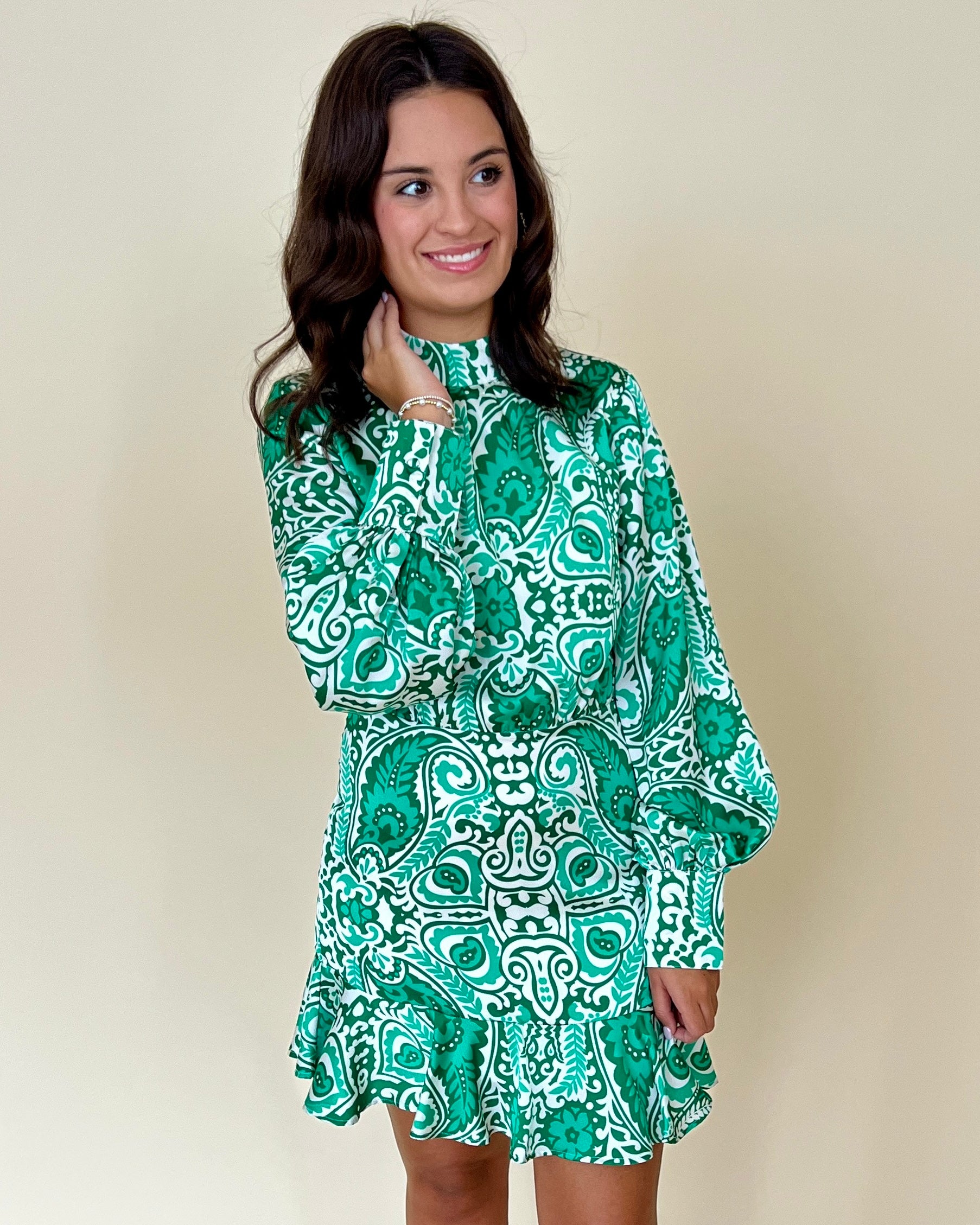 Good Times Green Paisley Ruffle Dress-Shop-Womens-Boutique-Clothing
