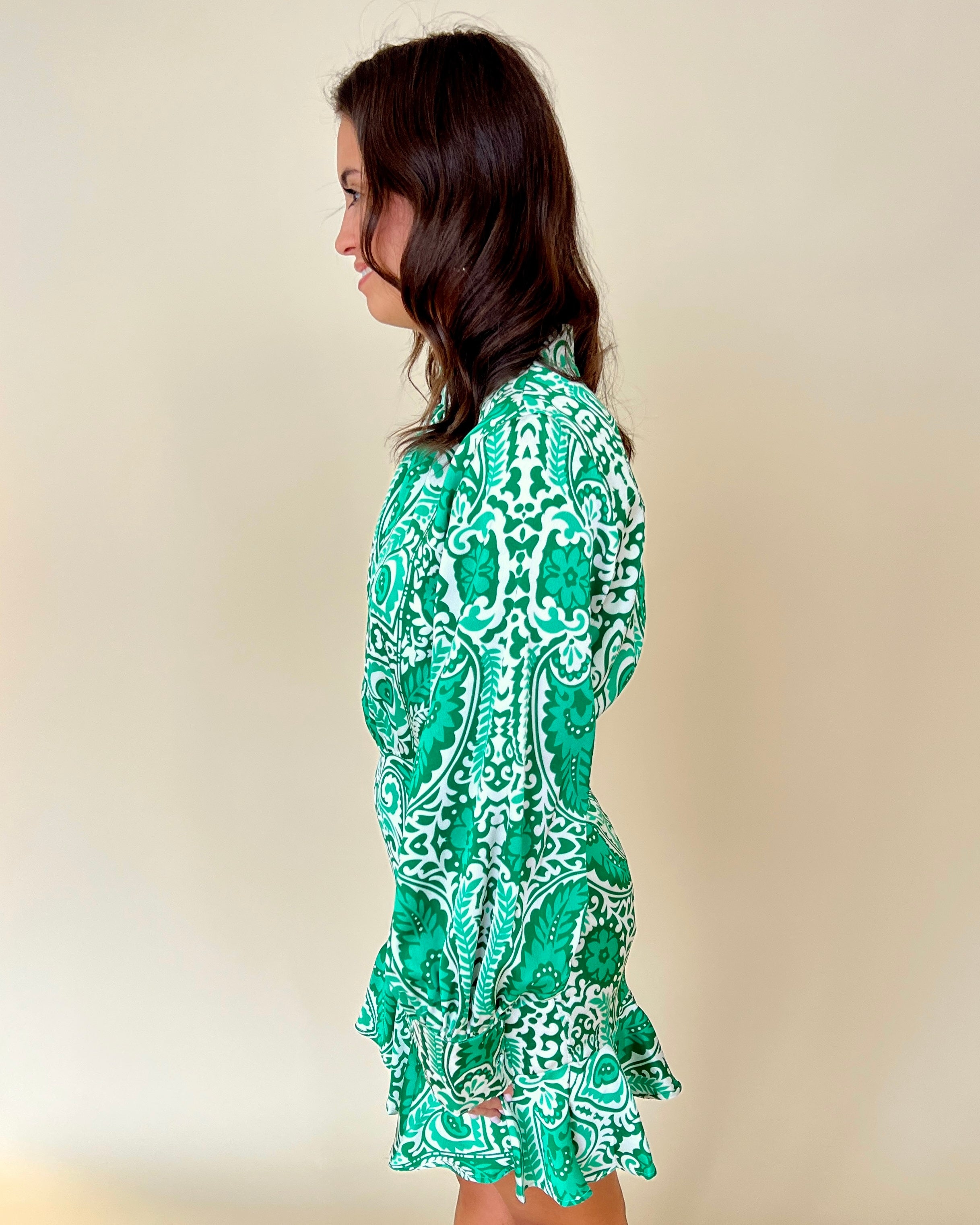 Good Times Green Paisley Ruffle Dress-Shop-Womens-Boutique-Clothing