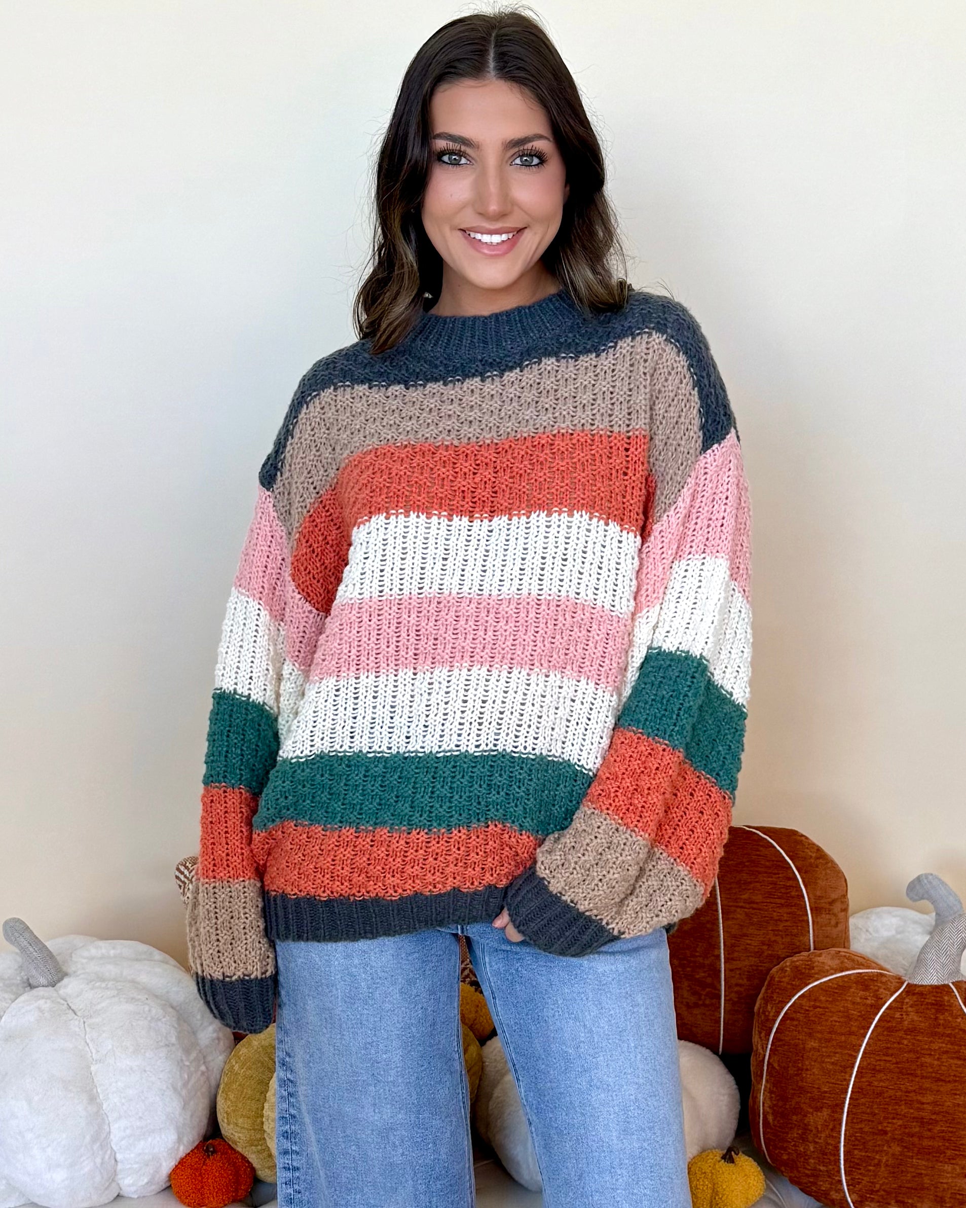 Kind Soul Charcoal/Teal Combo Stripe Sweater-Shop-Womens-Boutique-Clothing