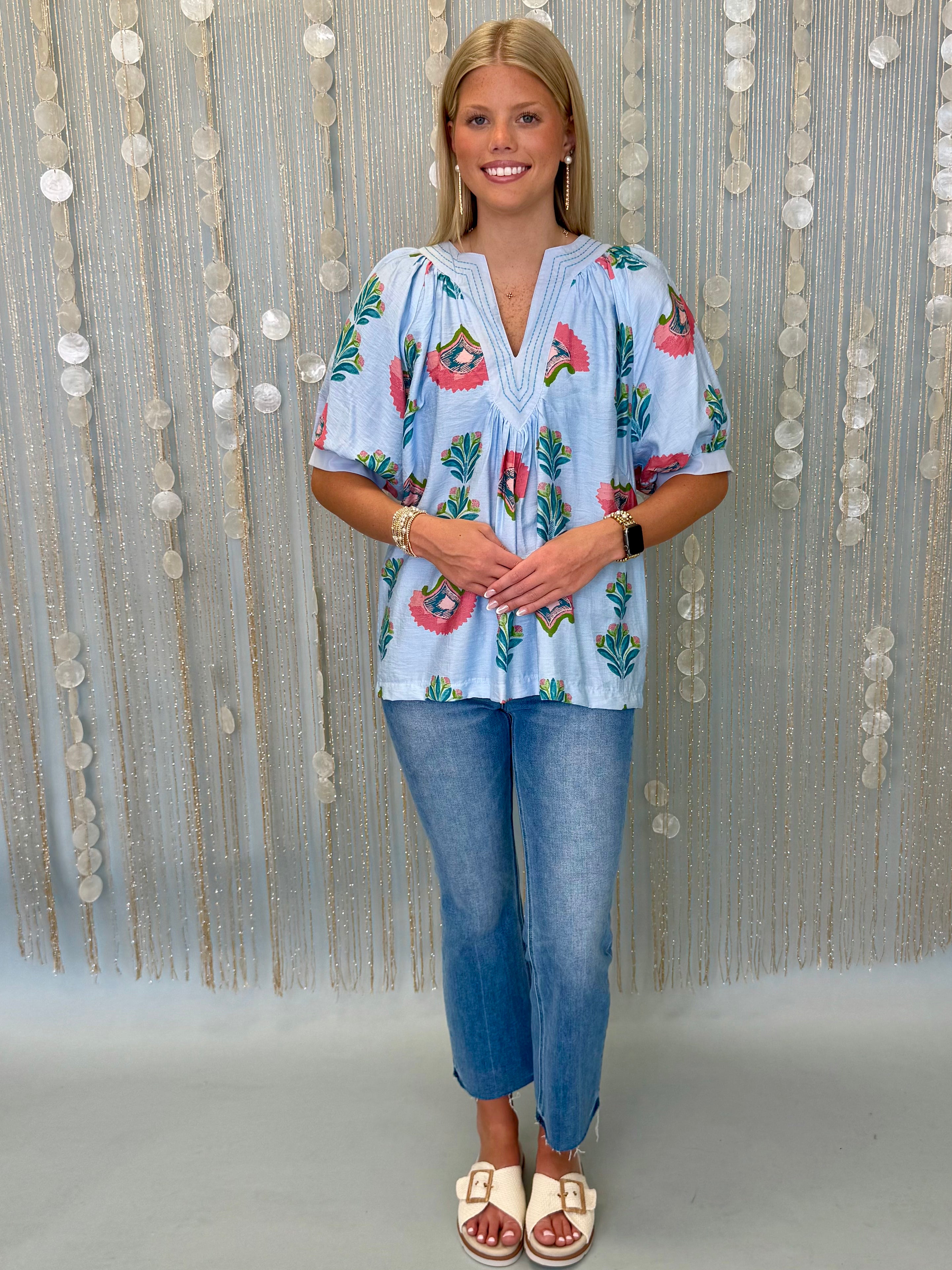 Wandering Hearts Lt. Blue Abstract Stitch Top-Shop-Womens-Boutique-Clothing