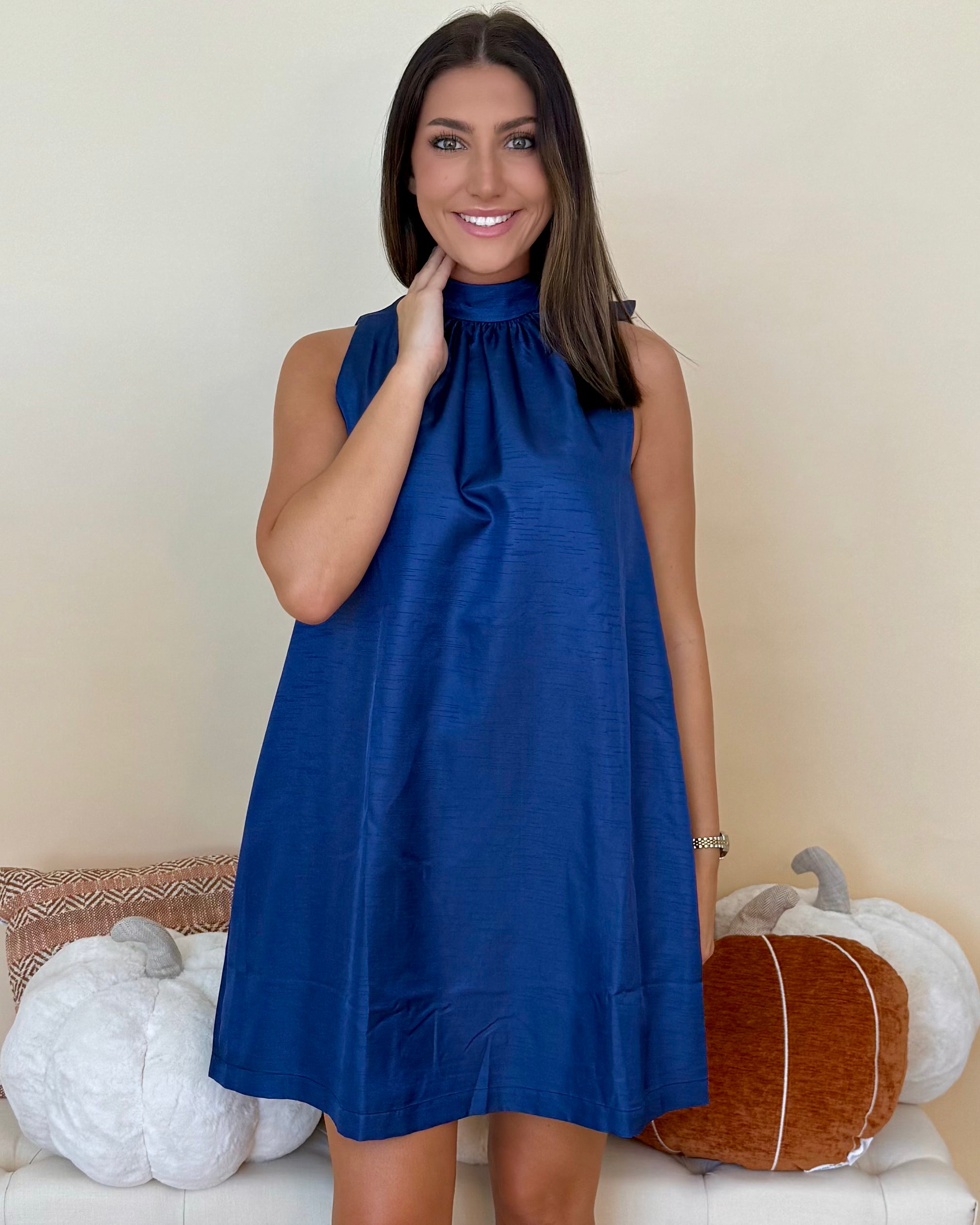 Day Party Navy Halter Satin Dress-Shop-Womens-Boutique-Clothing