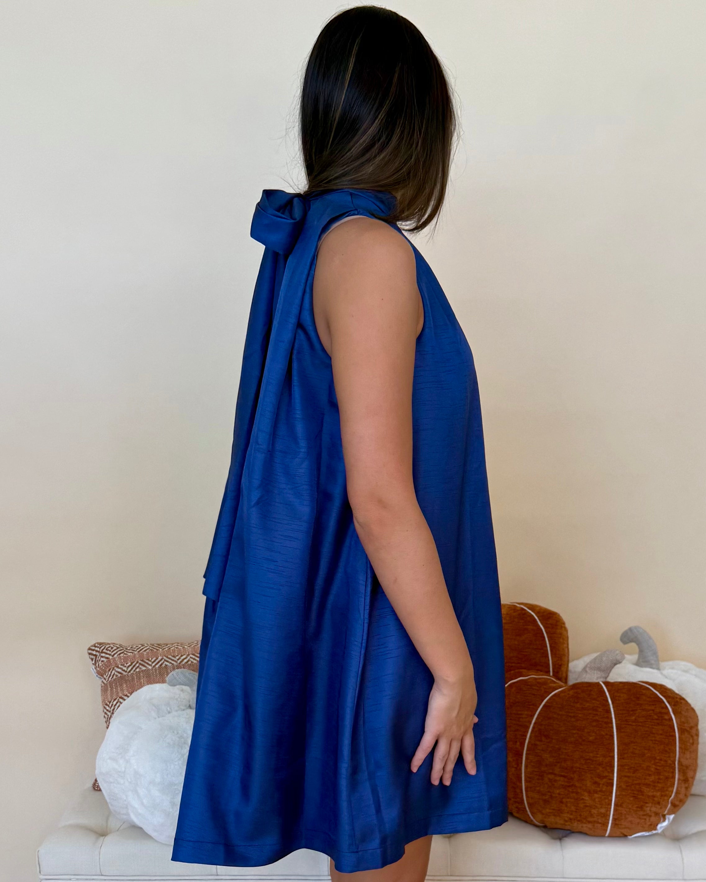 Day Party Navy Halter Satin Dress-Shop-Womens-Boutique-Clothing