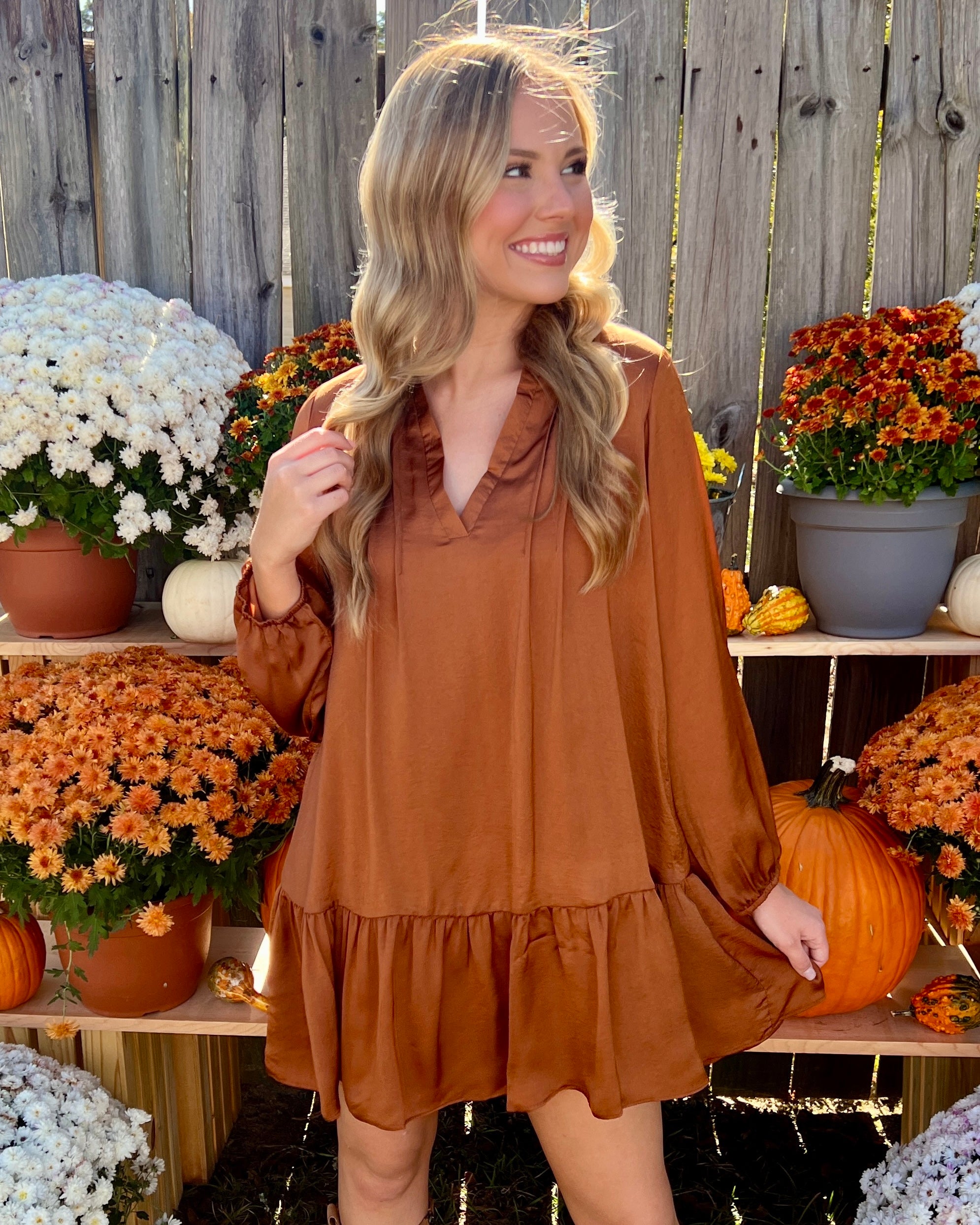 Sweetly Strumming Camel Satin Ruffle Dress-Shop-Womens-Boutique-Clothing