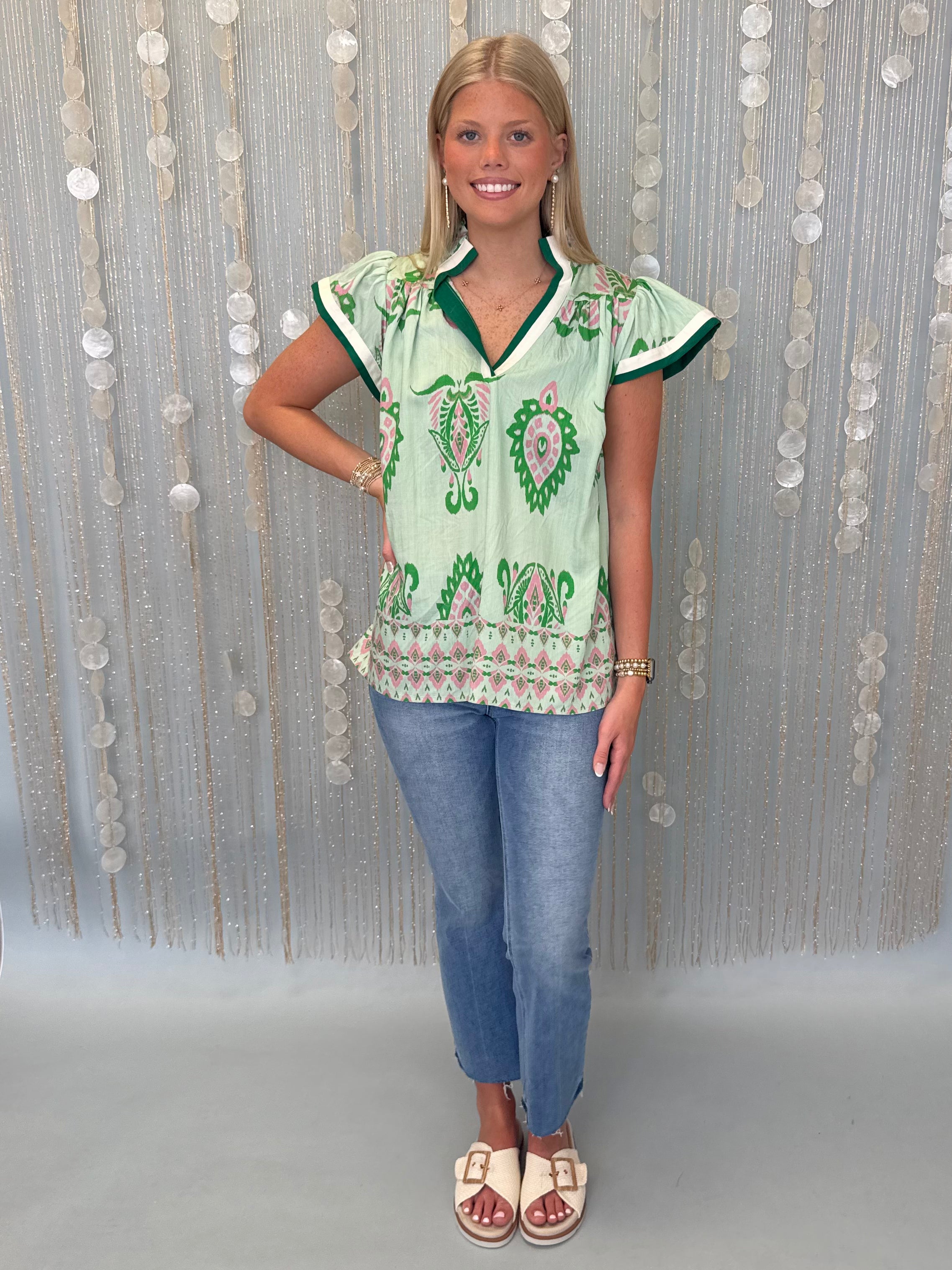 Dreamweaver Island Green Print Contrast Top-Shop-Womens-Boutique-Clothing