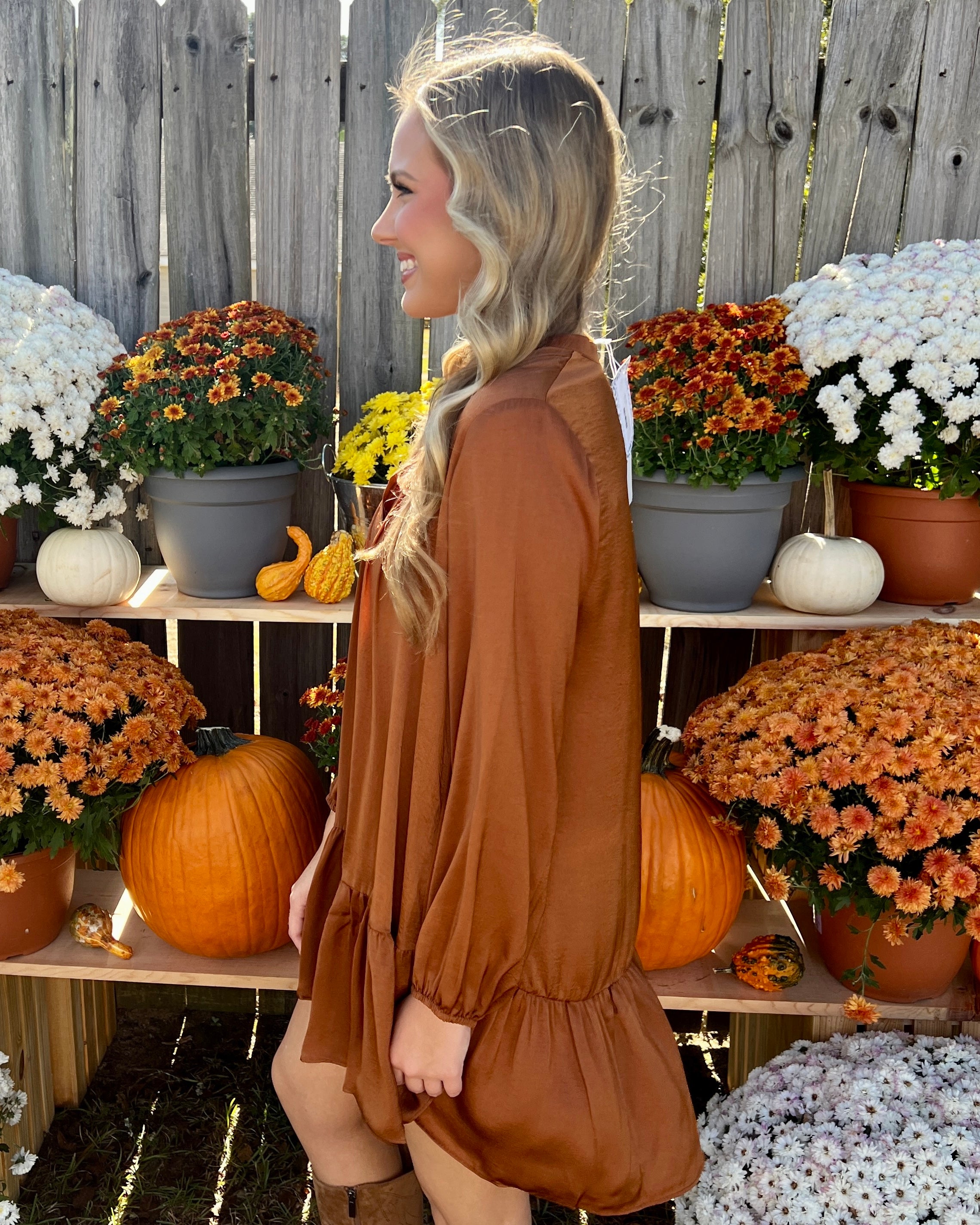 Sweetly Strumming Camel Satin Ruffle Dress-Shop-Womens-Boutique-Clothing