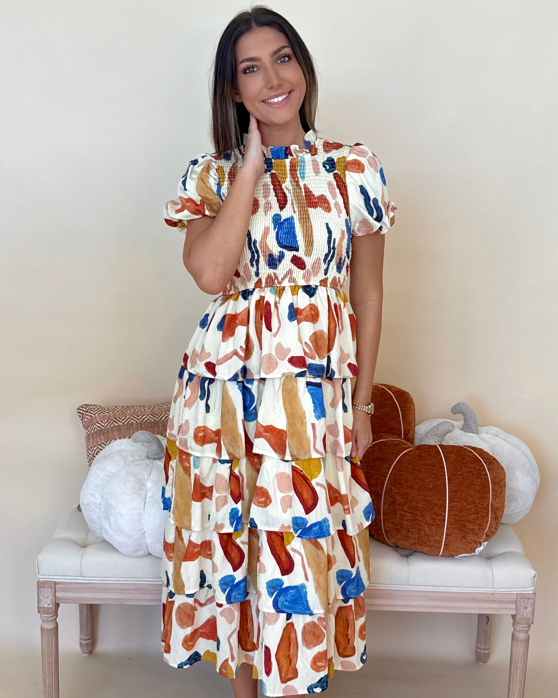 On Your Time Taupe Smocked Ruffle Dress-Shop-Womens-Boutique-Clothing