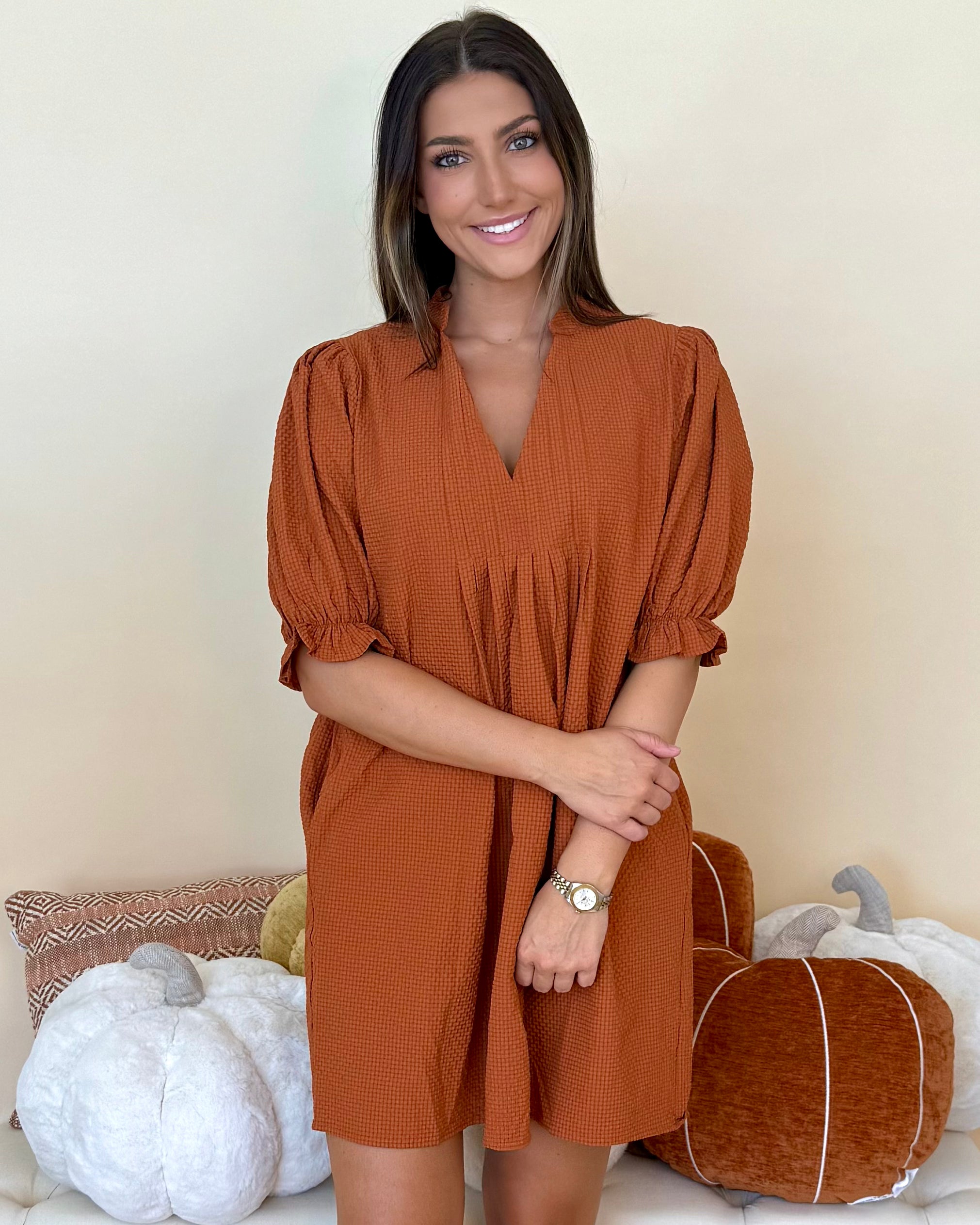 Harvest Blossom Rust Puff Sleeve Dress-Shop-Womens-Boutique-Clothing