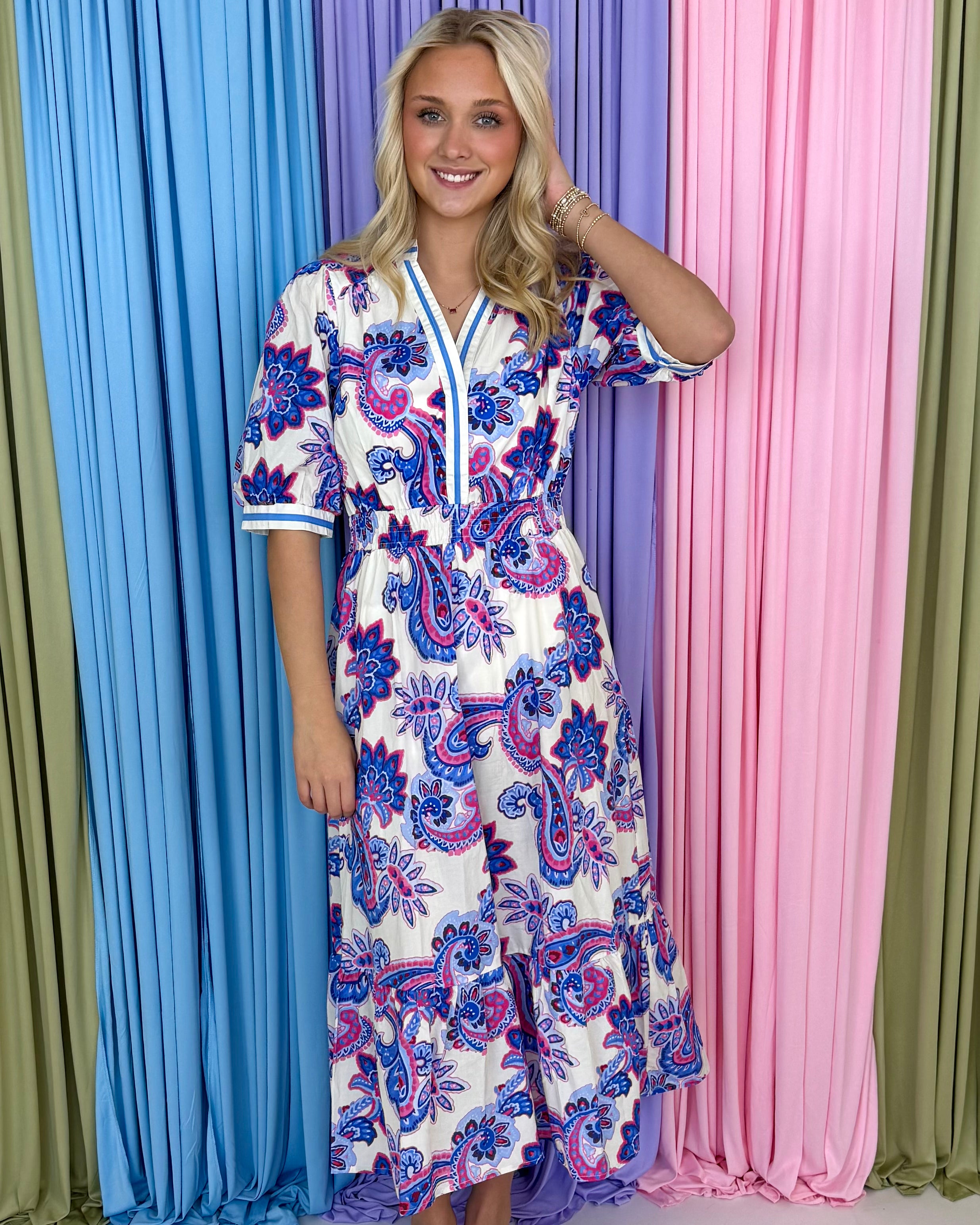Easy Plans Blue Paisley Contrast Midi Dress-Shop-Womens-Boutique-Clothing