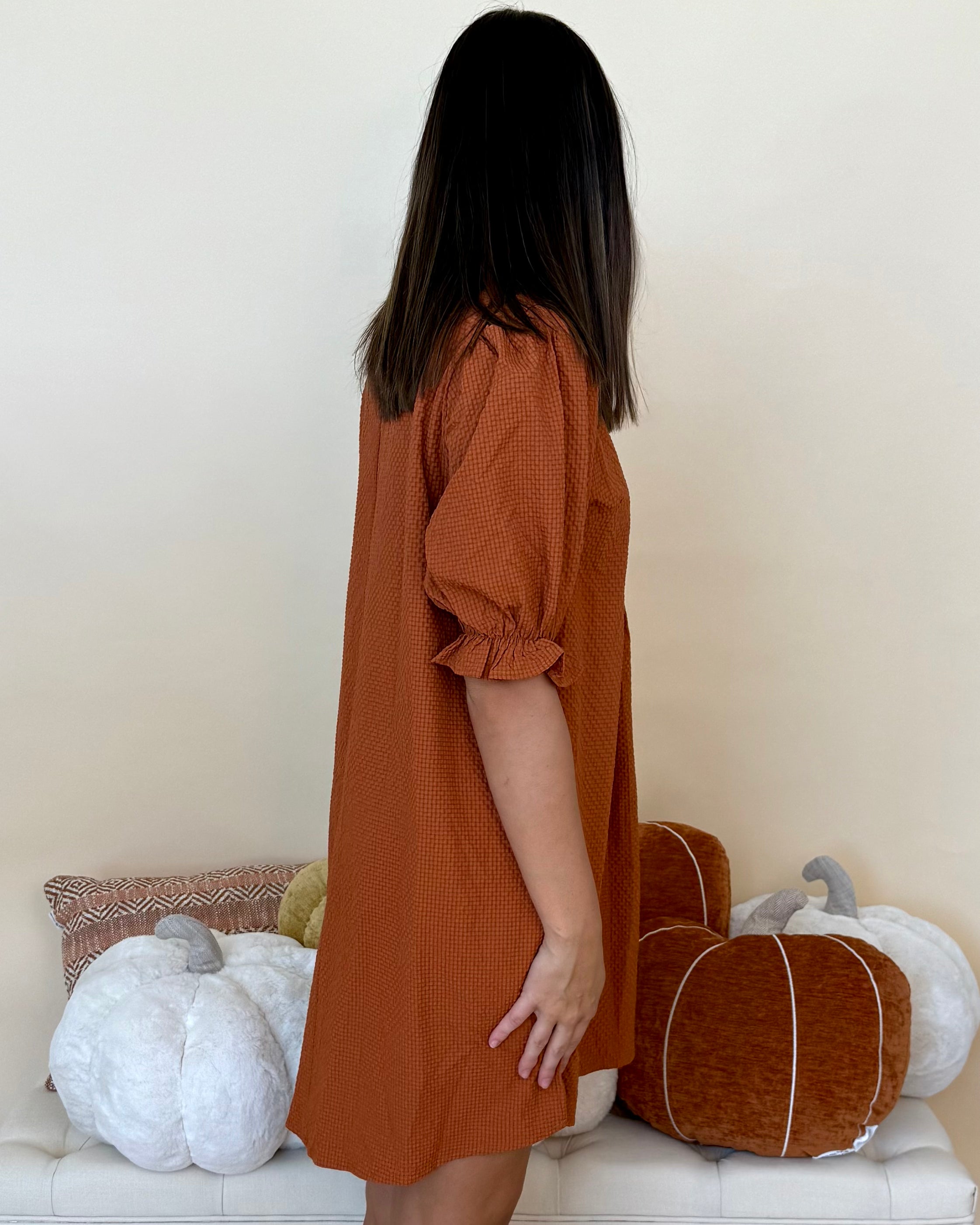 Harvest Blossom Rust Puff Sleeve Dress-Shop-Womens-Boutique-Clothing