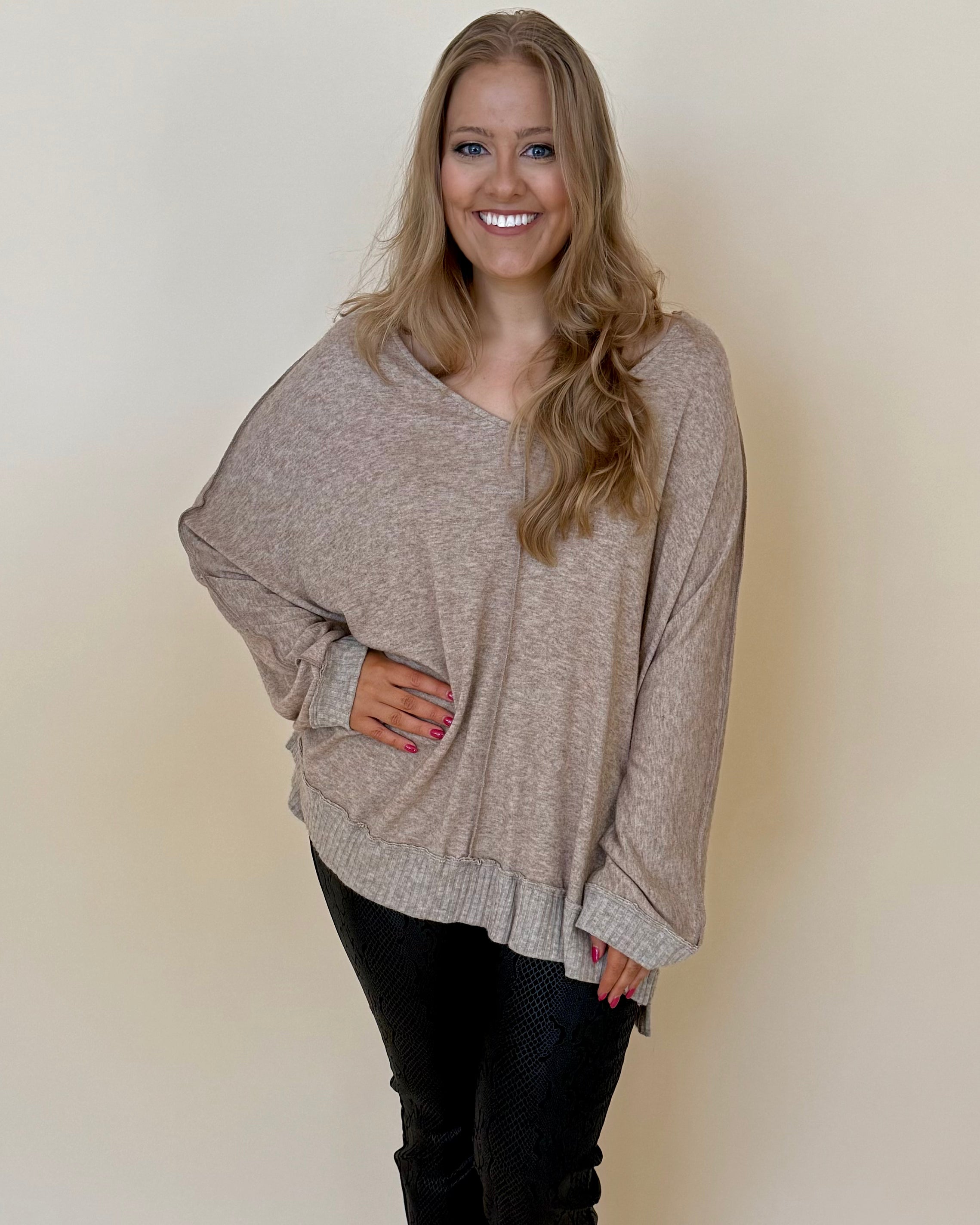 Snuggle Season Oatmeal Plus V-Neck Top-Shop-Womens-Boutique-Clothing