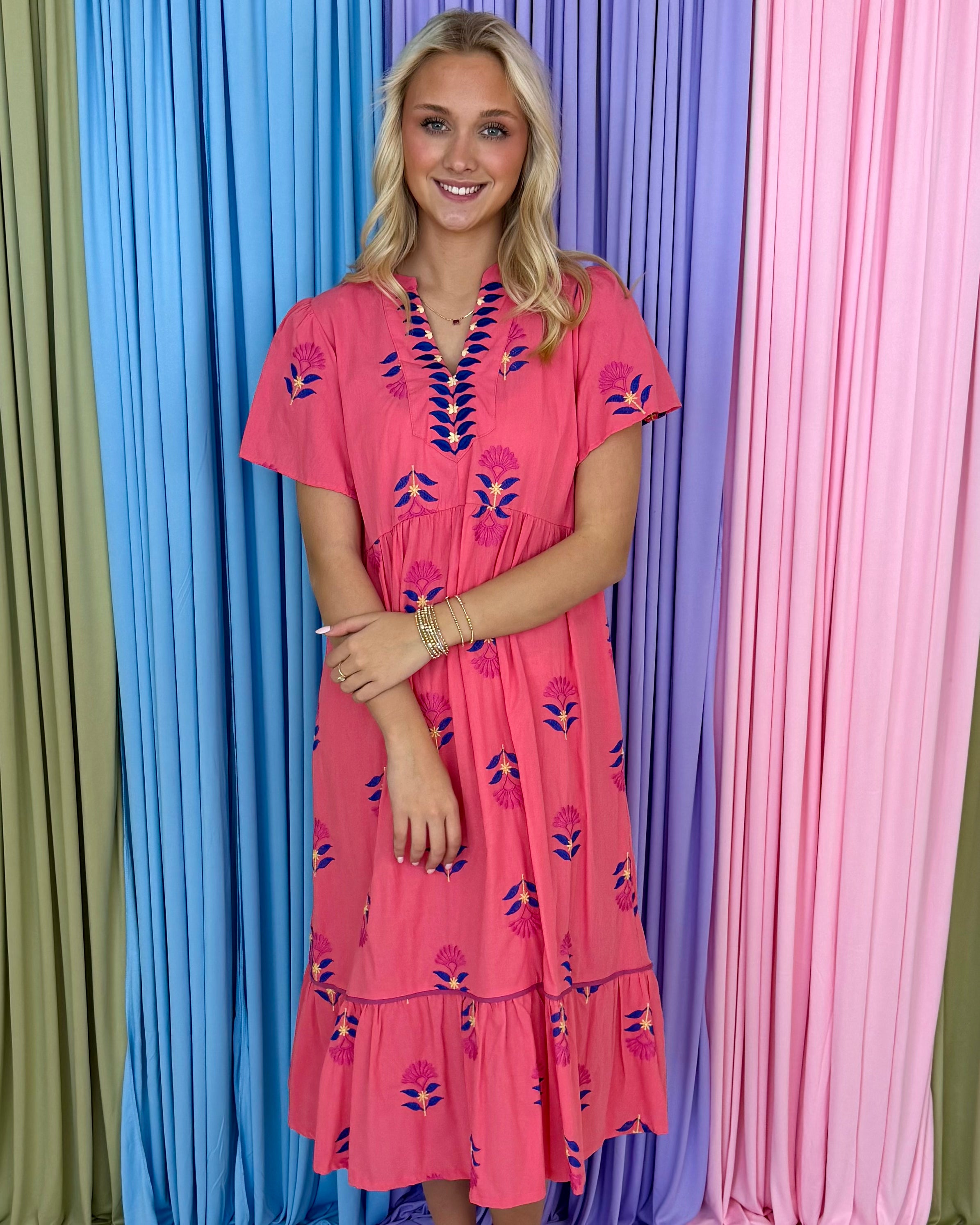 Easy Days Coral Pink Embroidered Midi Dress-Shop-Womens-Boutique-Clothing