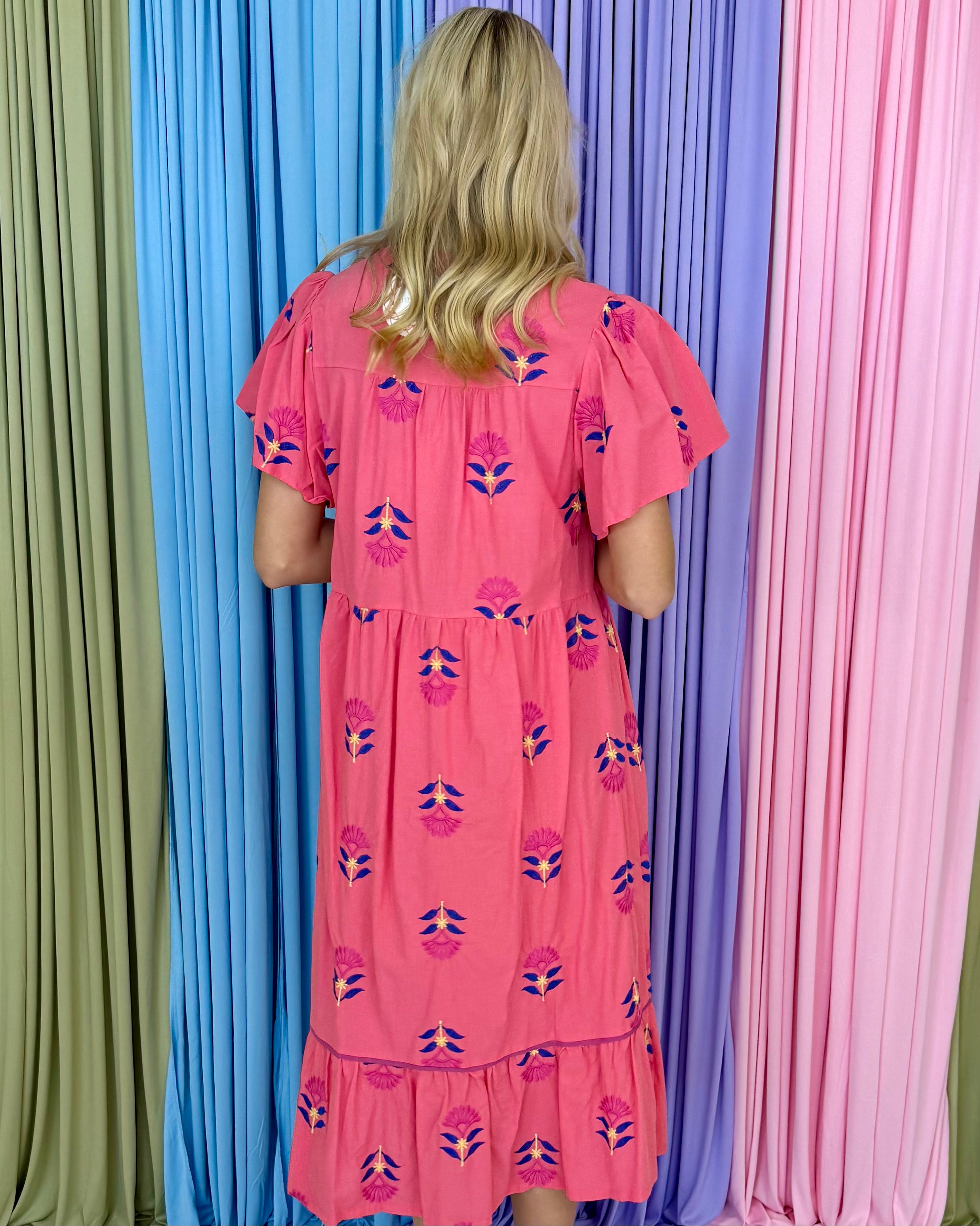 Easy Days Coral Pink Embroidered Midi Dress-Shop-Womens-Boutique-Clothing