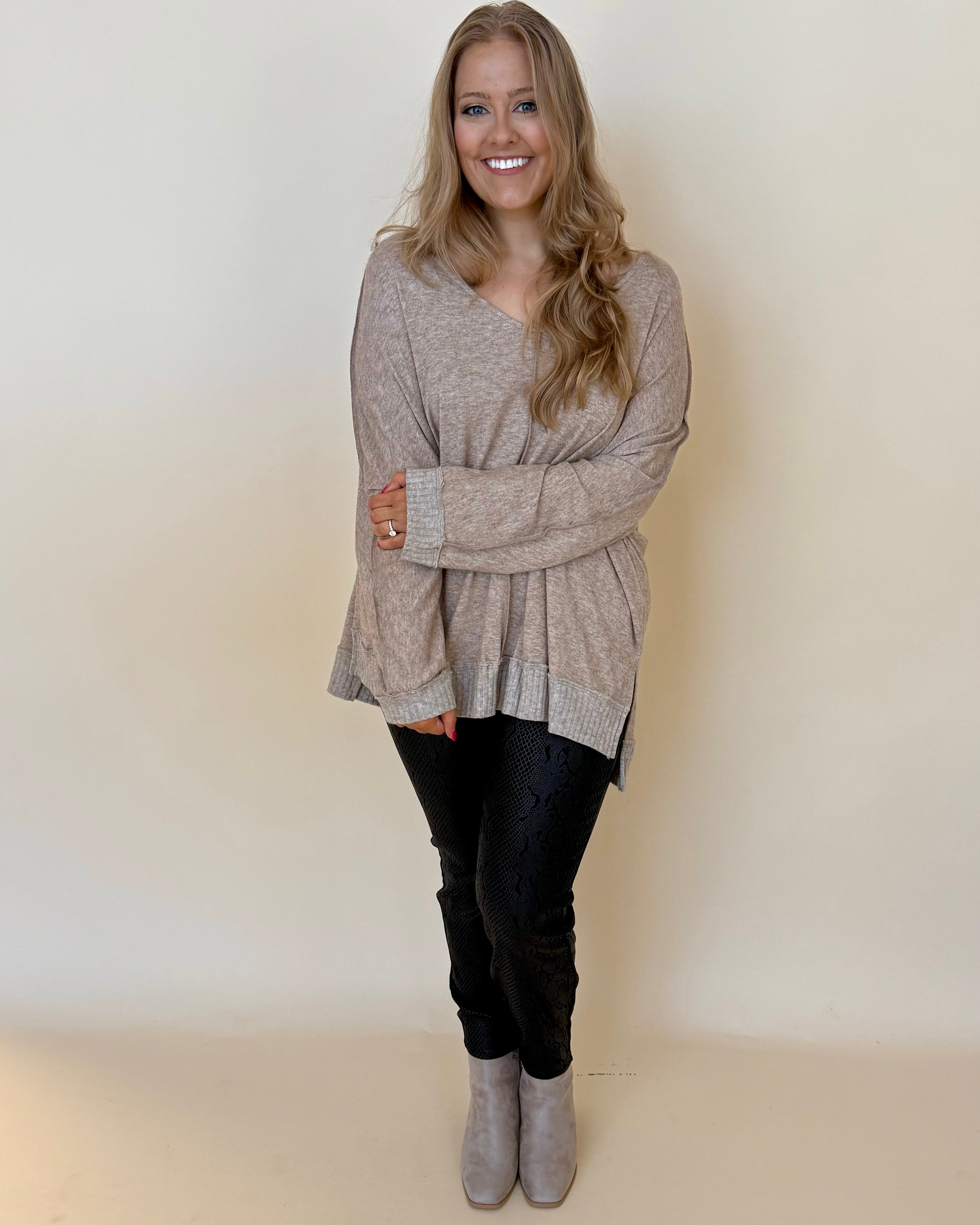 Snuggle Season Oatmeal Plus V-Neck Top-Shop-Womens-Boutique-Clothing