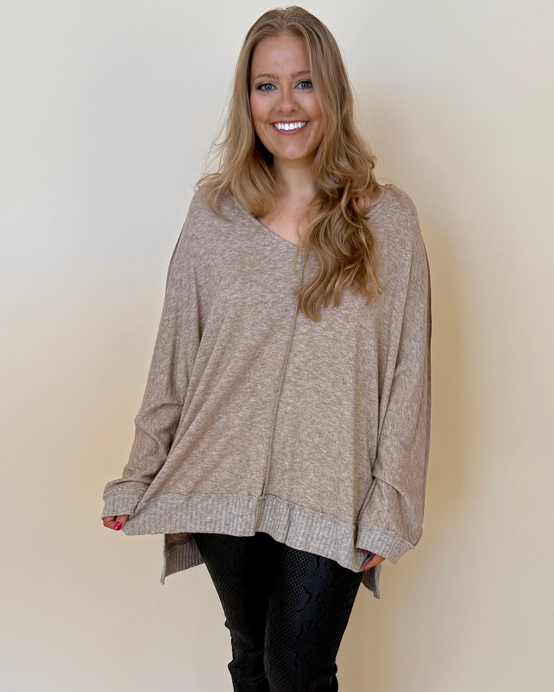 Snuggle Season Oatmeal Plus V-Neck Top-Shop-Womens-Boutique-Clothing