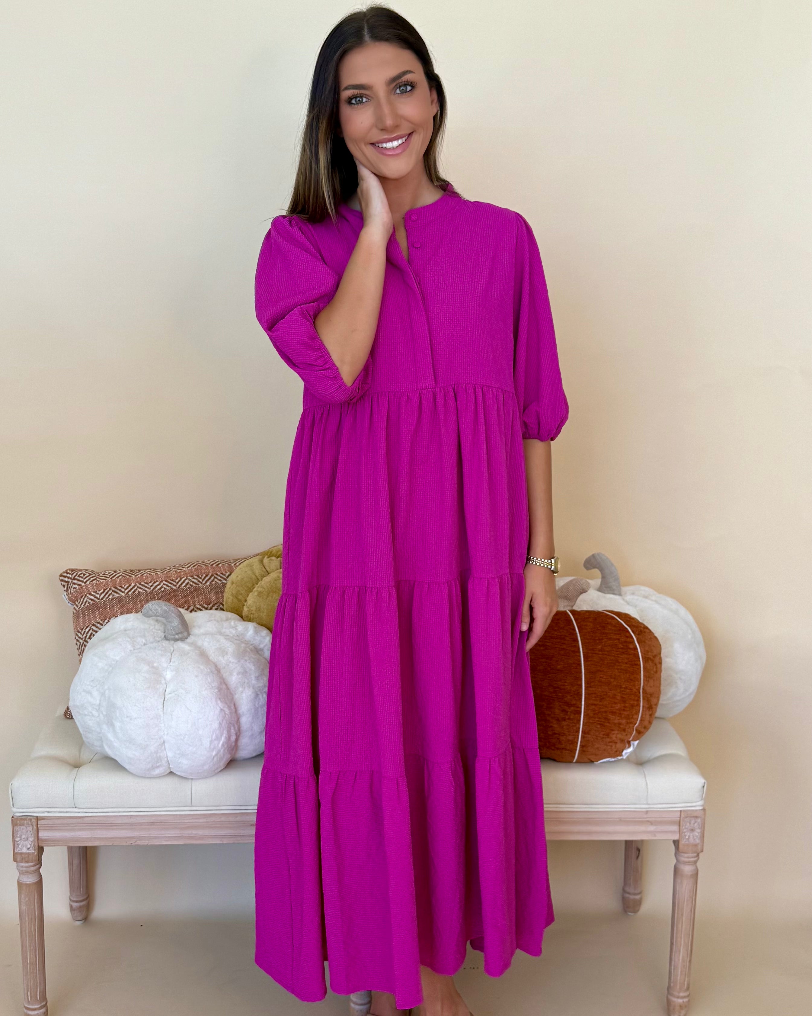 Back To It Magenta Textured Midi Dress-Shop-Womens-Boutique-Clothing