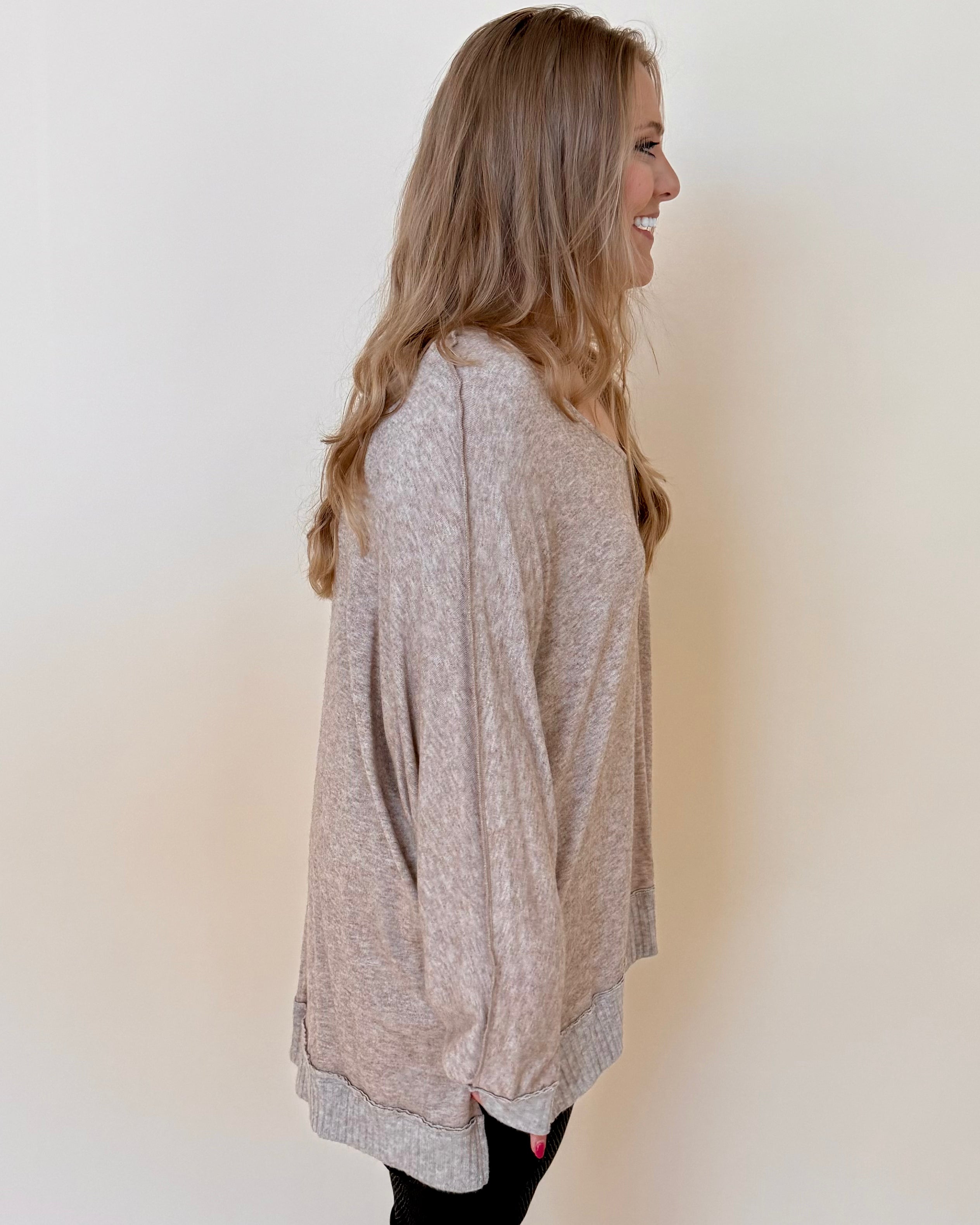 Snuggle Season Oatmeal Plus V-Neck Top-Shop-Womens-Boutique-Clothing