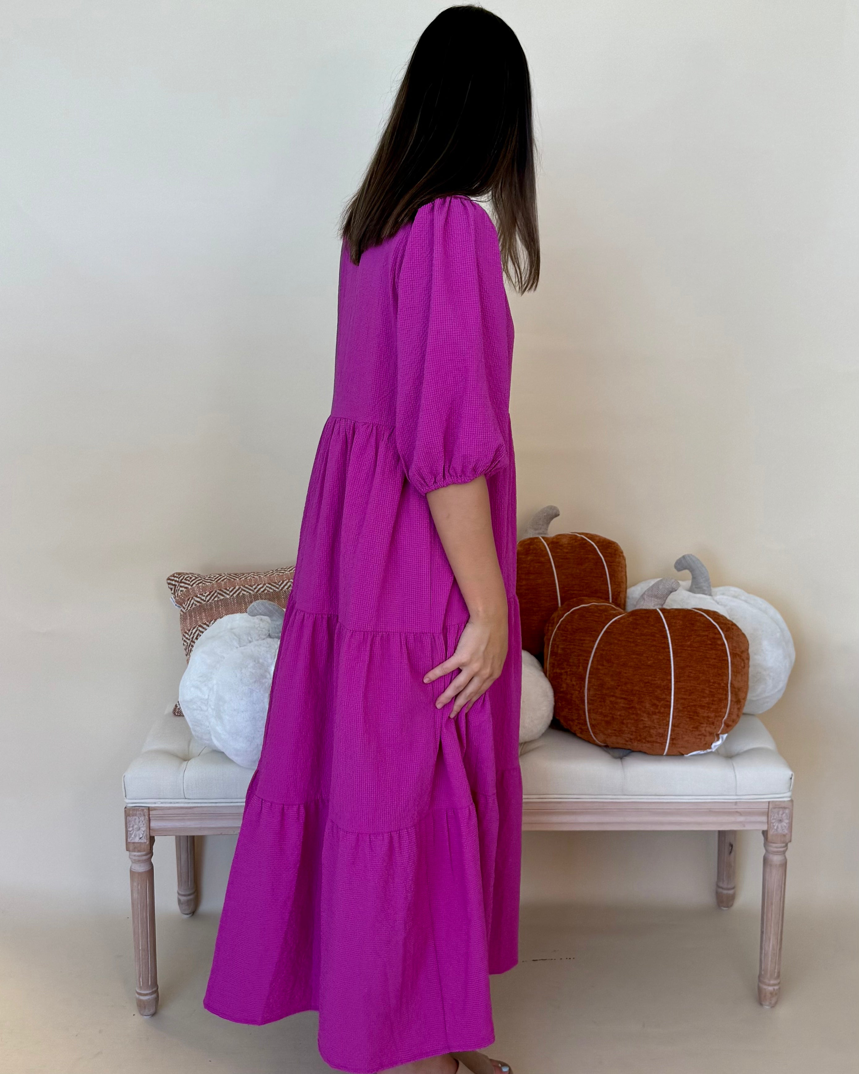 Back To It Magenta Textured Midi Dress-Shop-Womens-Boutique-Clothing